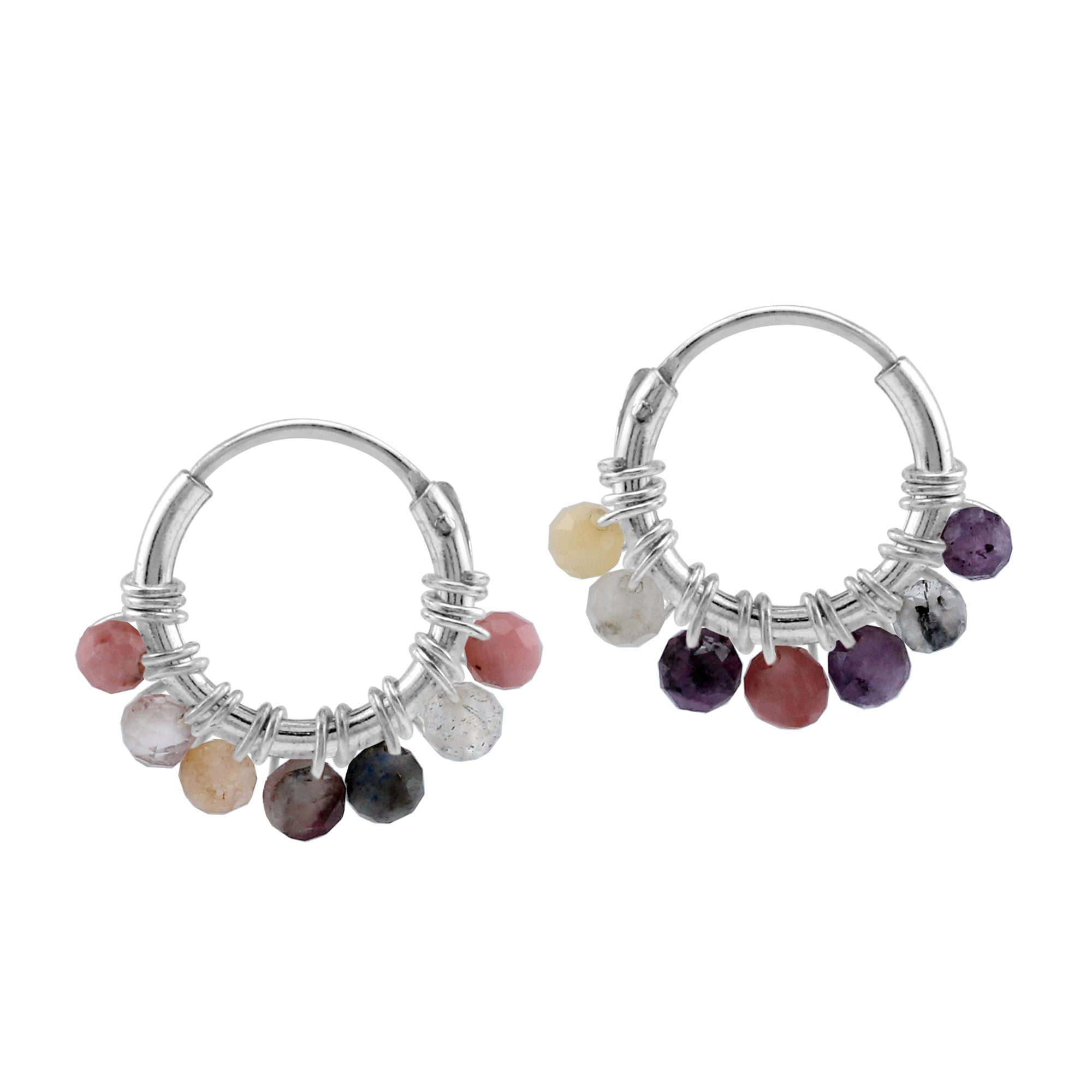 Silvershake Extra Petite 10MMx2MM Natural Multicolor Mix Gemstone Bead 925 Sterling Silver Minimalist 0.4 Inch Handmade O-Hoop Earrings Jewelry for Women - Silvershake-store