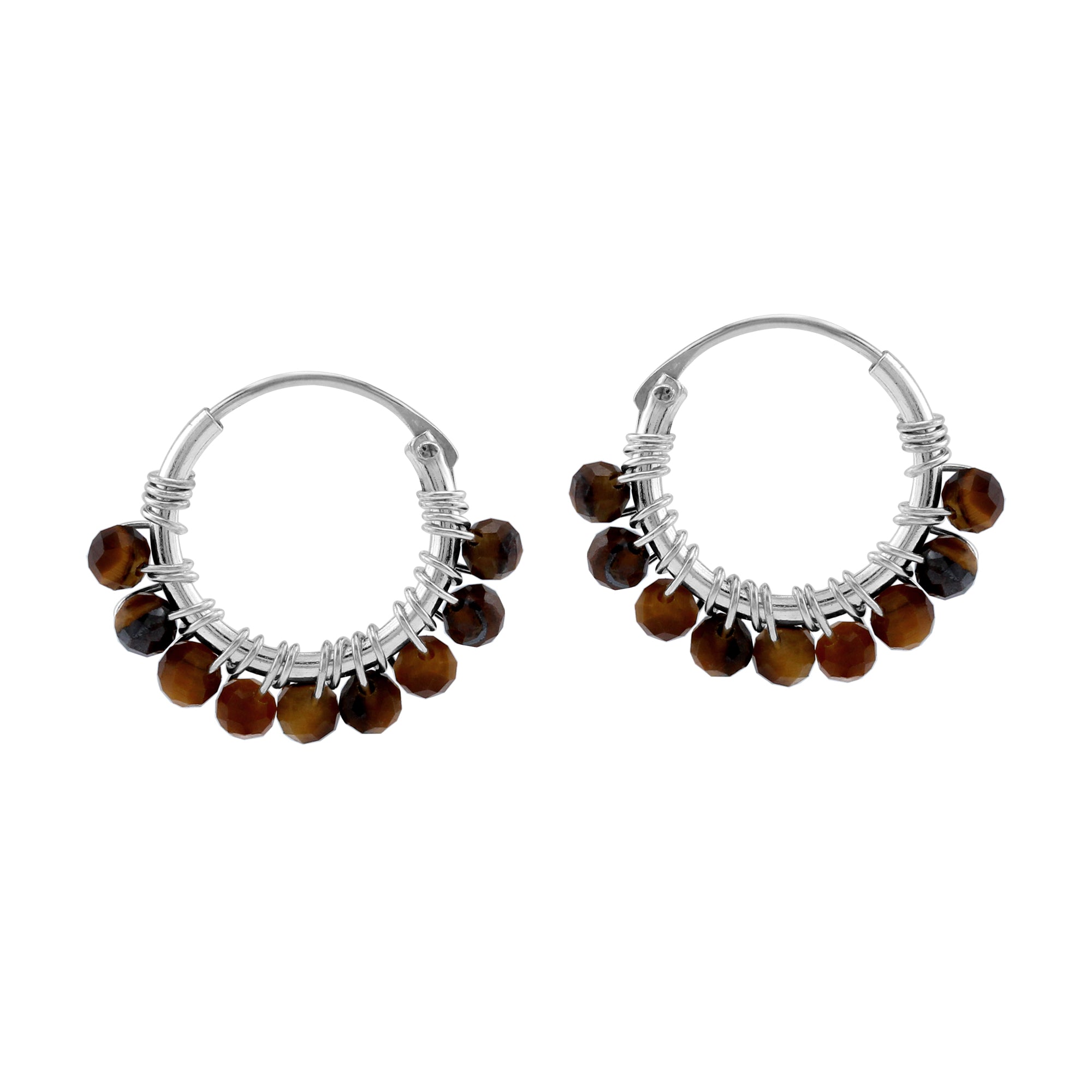 Petite 12MMx2MM Natural Brown Tigers Eye Gemstone Bead 925 Sterling Silver Minimalist 0.47 Inch Handmade O-Hoop Earrings Jewelry for Women - Silvershake-store