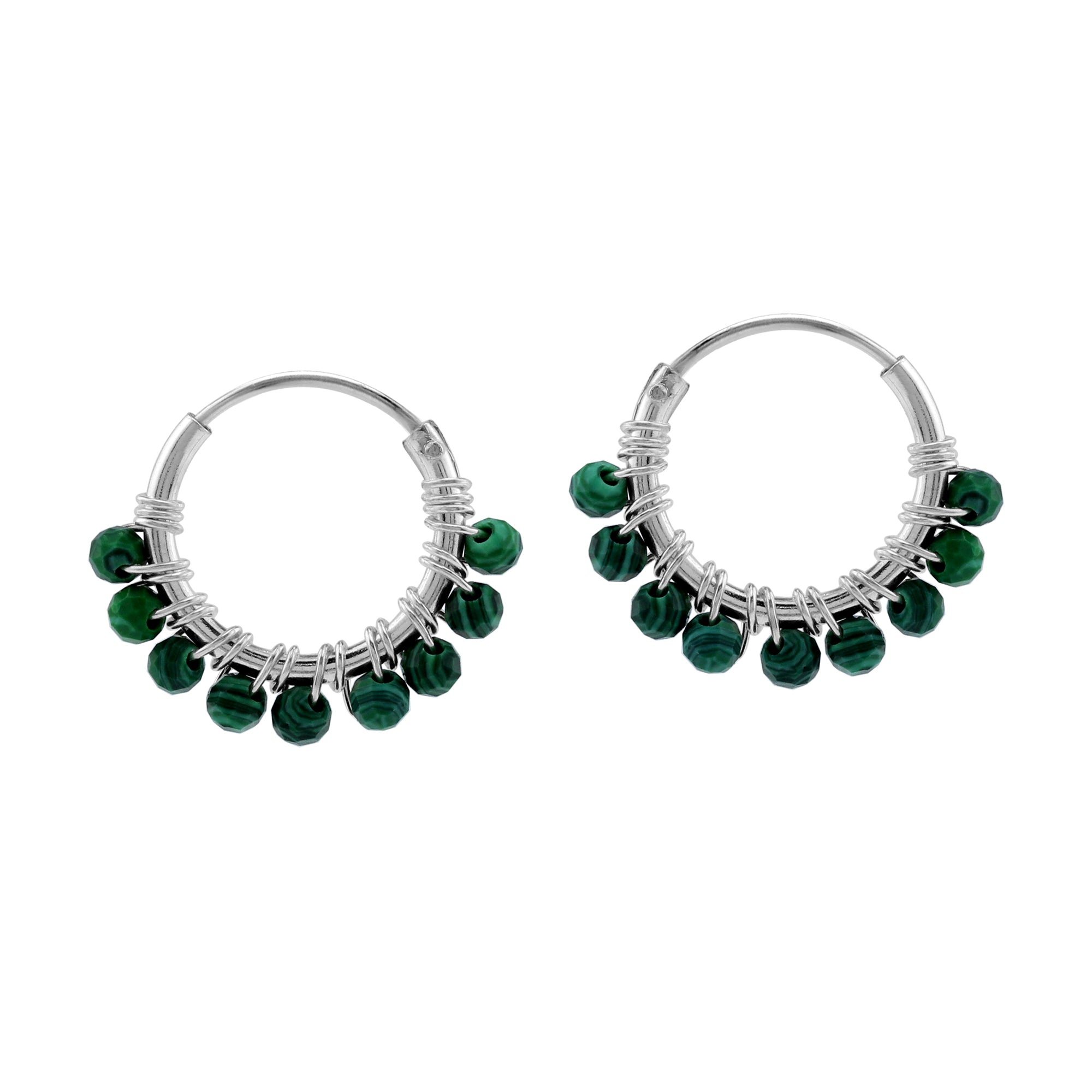 Petite 12MMx2MM Natural Green Malachite Gemstone Bead 925 Sterling Silver Minimalist 0.47 Inch Handmade O-Hoop Earrings Jewelry for Women - Silvershake-store