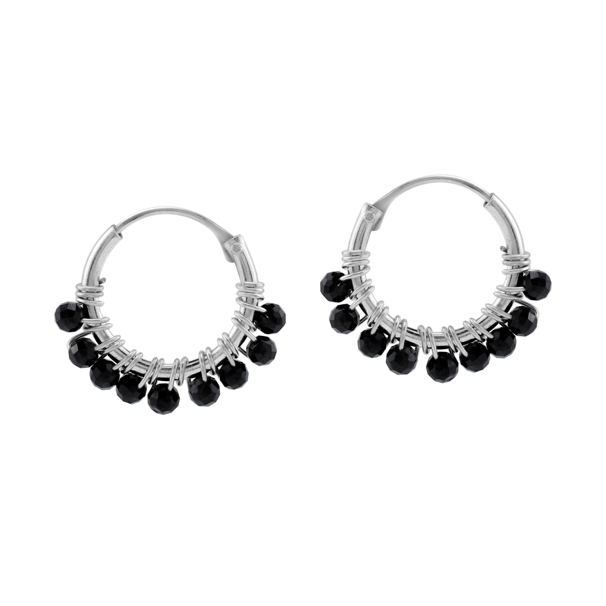 Petite 12MMx2MM Natural Black Spinel Gemstone Bead 925 Sterling Silver Minimalist 0.47 Inch Handmade O-Hoop Earrings Jewelry for Women - Silvershake-store