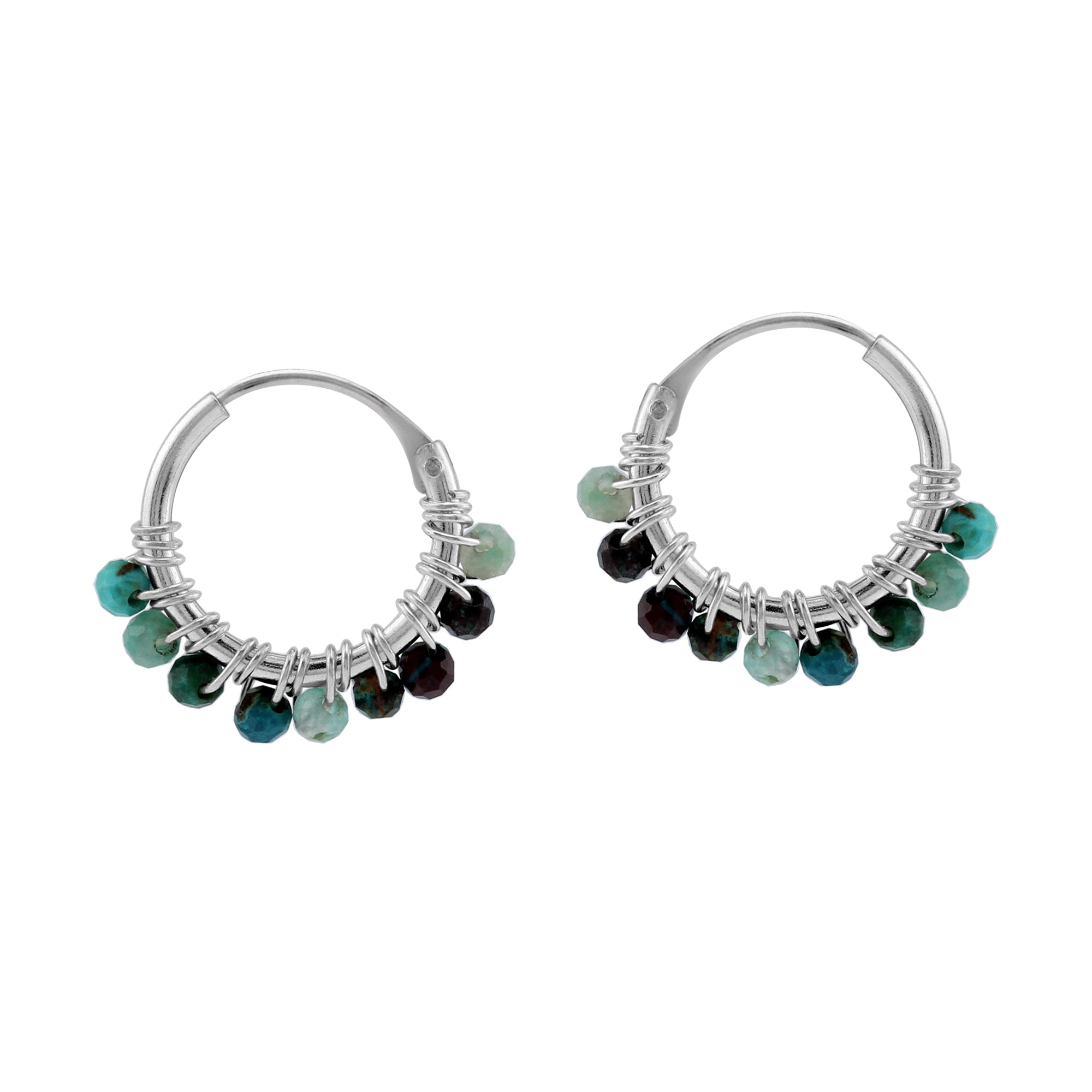 Petite 12MMx2MM Natural Chrysocolla Gemstone Bead 925 Sterling Silver Minimalist 0.47 Inch Handmade O-Hoop Earrings Jewelry for Women - Silvershake-store