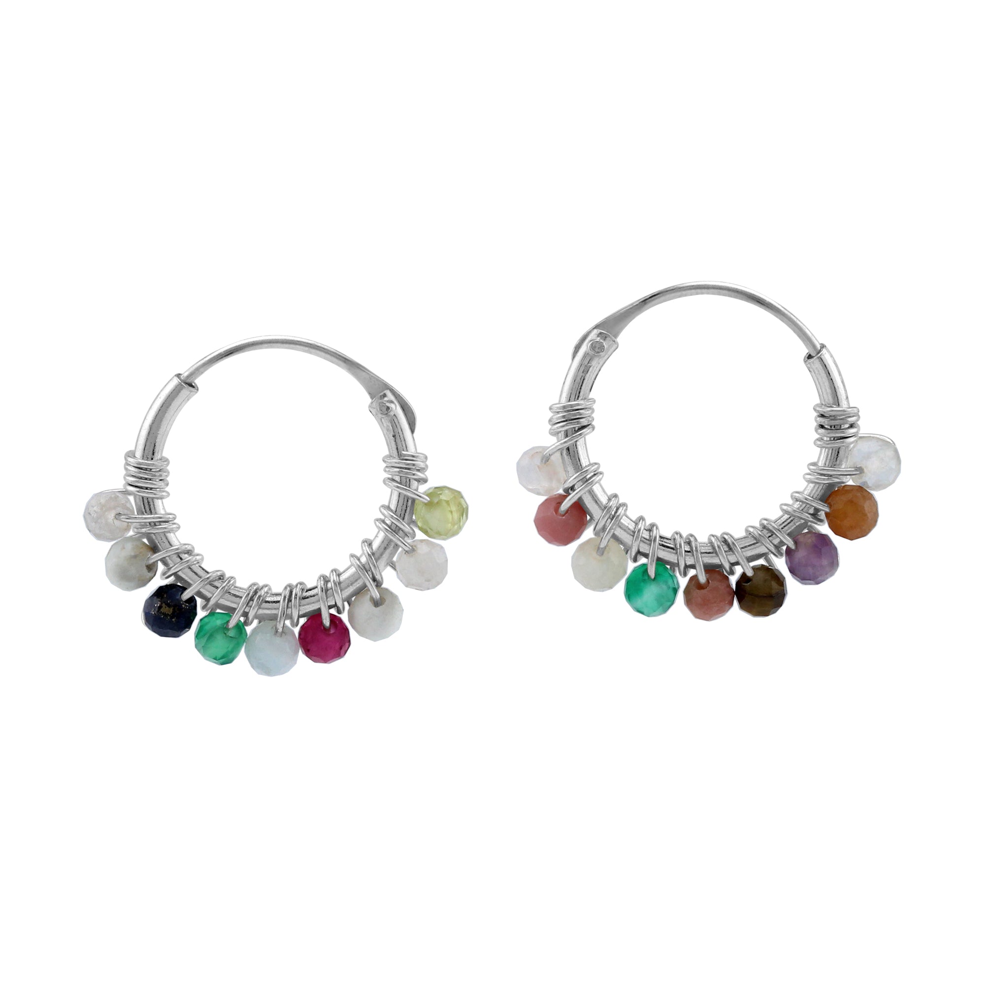 Petite 12MMx2MM Natural Multicolor Mix Gemstone Bead 925 Sterling Silver Minimalist 0.47 Inch Handmade O-Hoop Earrings Jewelry for Women - Silvershake-store