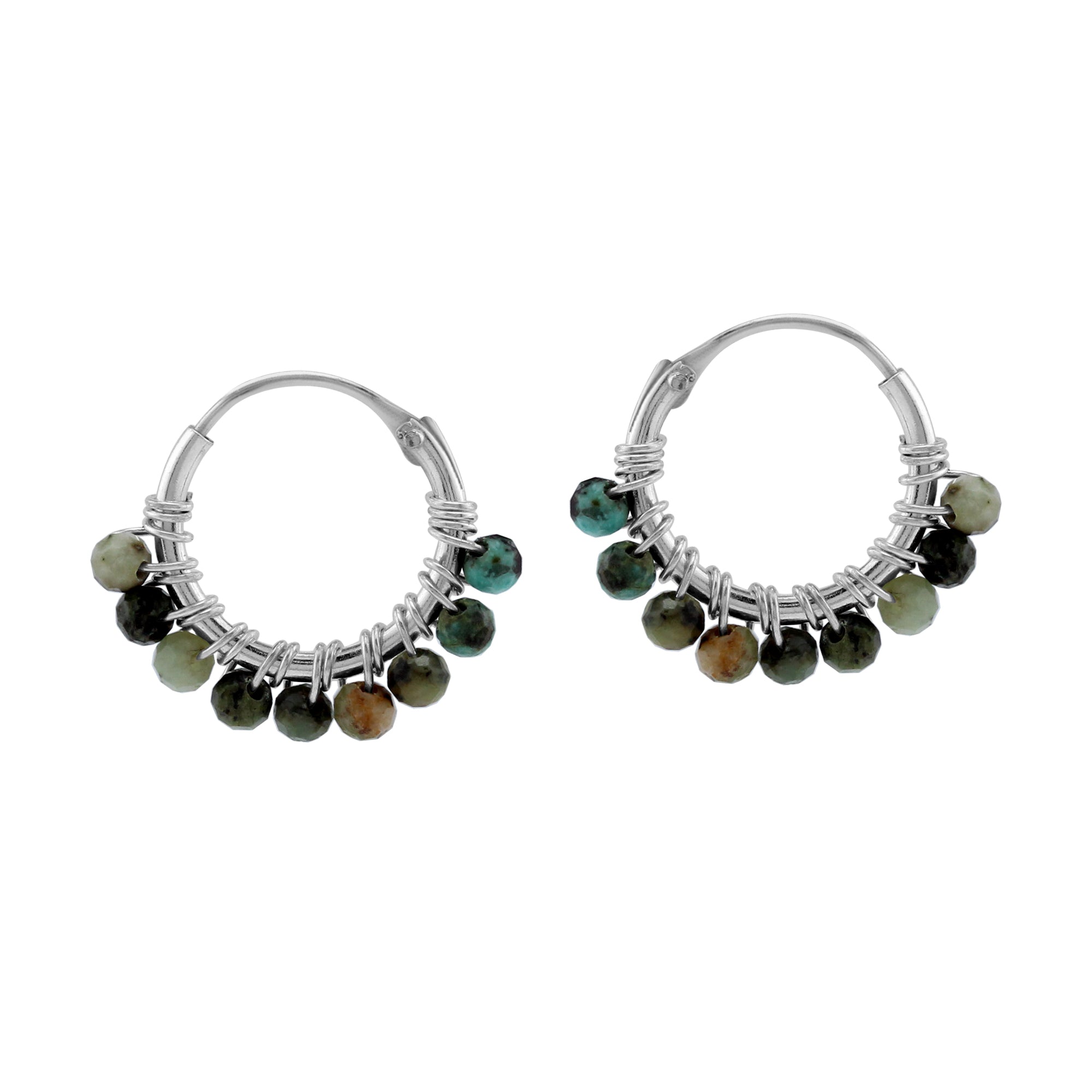 Petite 12MMx2MM Compressed Turquoise Gemstone Bead 925 Sterling Silver Minimalist 0.47 Inch Handmade O-Hoop Earrings Jewelry for Women - Silvershake-store