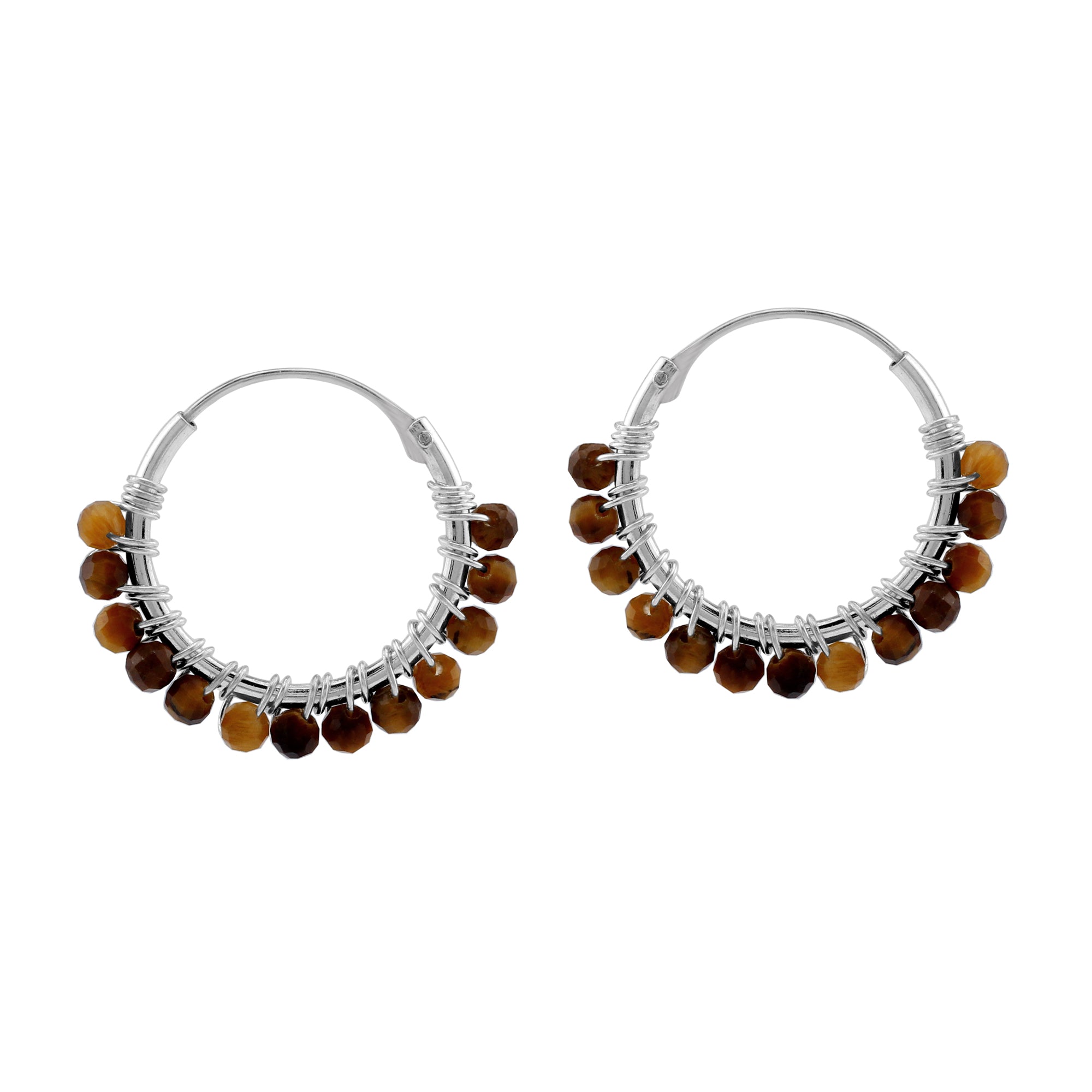 16MMx2MM Natural Brown Tigers Eye Gemstone Bead 925 Sterling Silver Minimalist 0.63 Inch Handmade O-Hoop Earrings Jewelry for Women - Silvershake-store