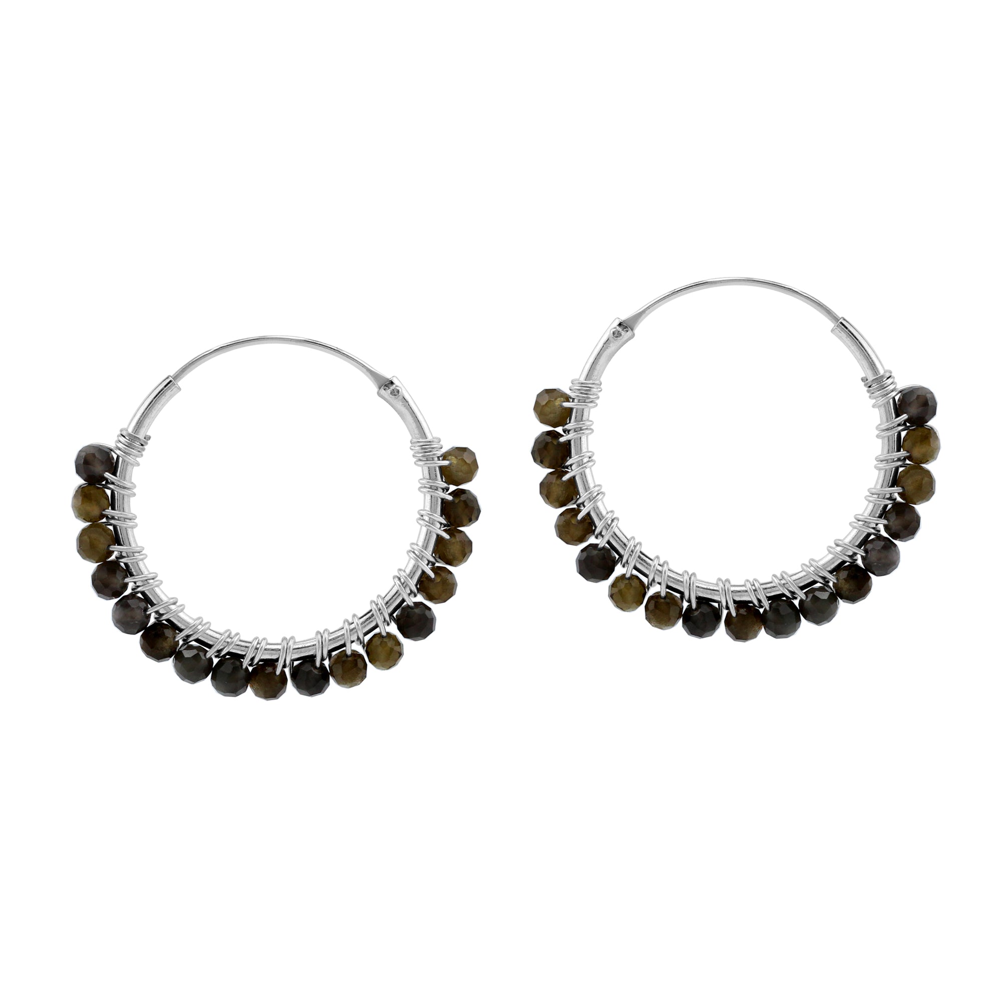 20MMx2MM Natural Golden Obsidian Gemstone Bead 925 Sterling Silver 0.79 Inch Handmade O-Hoop Earrings Jewelry for Women - Silvershake-store
