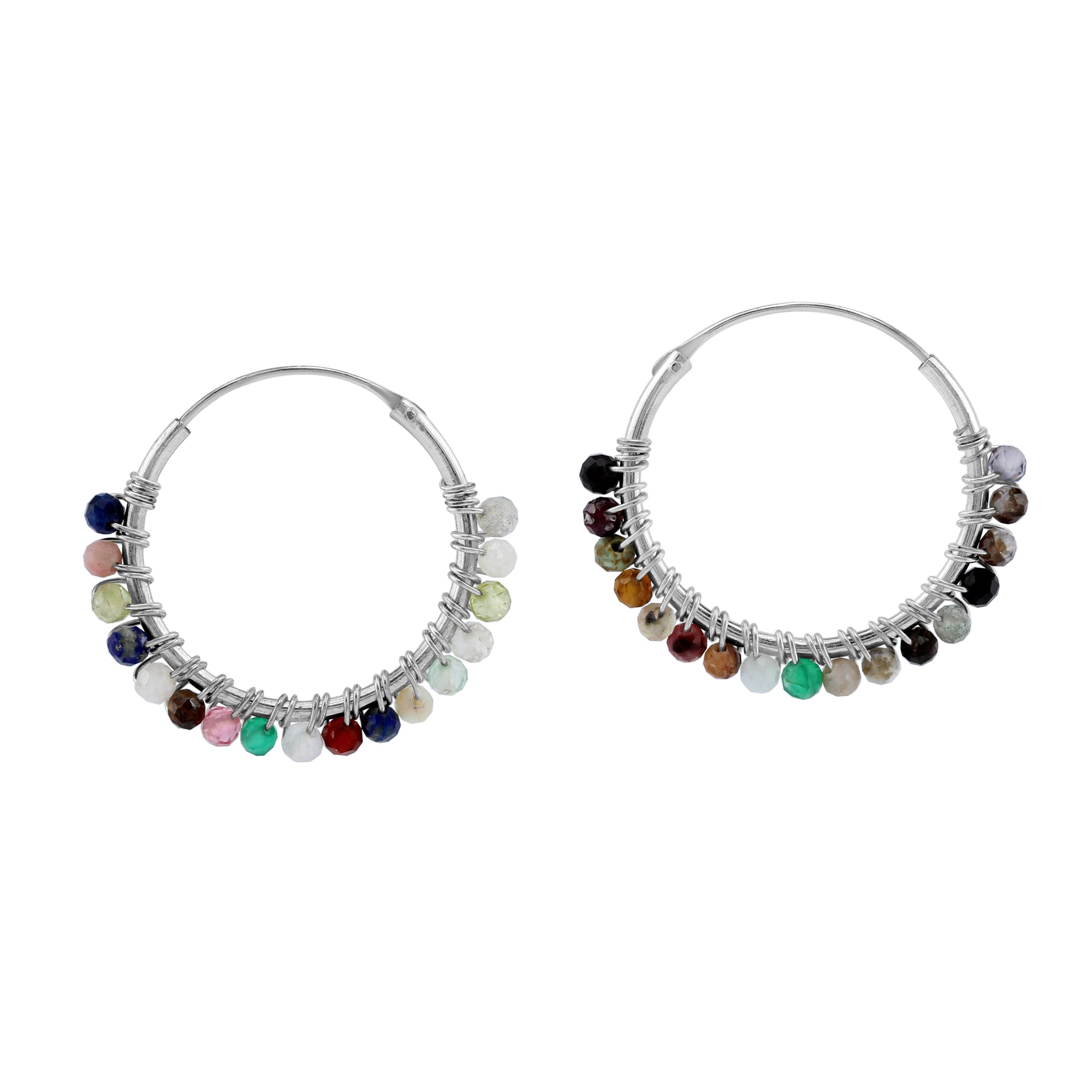 20MMx2MM Natural Multicolor Mix Gemstone Bead 925 Sterling Silver 0.79 Inch Handmade O-Hoop Earrings Jewelry for Women - Silvershake-store