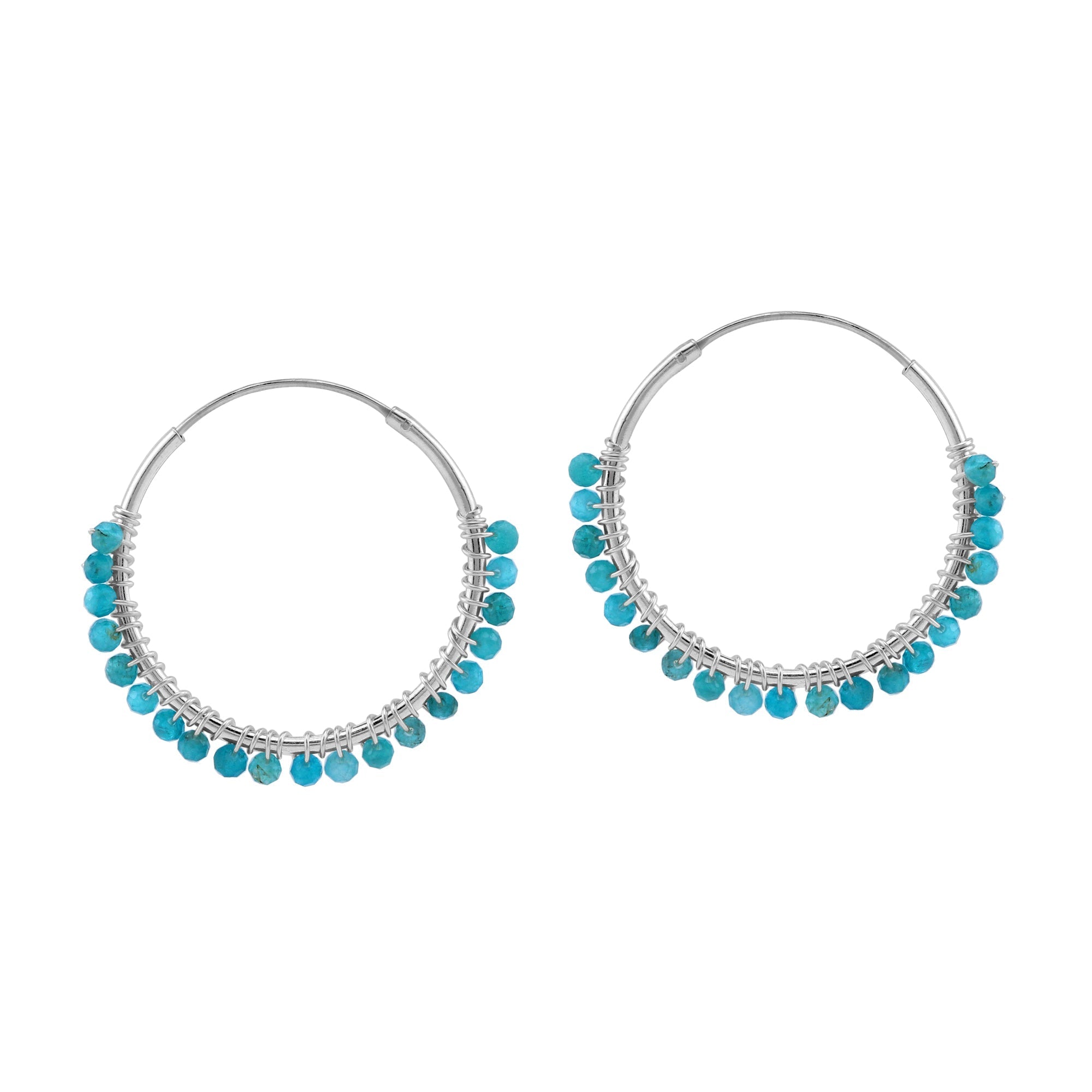 25MMx2MM Natural Blue Apatite Gemstone Bead 925 Sterling Silver Boho 1 Inch Handmade O-Hoop Earrings Jewelry for Women - Silvershake-store