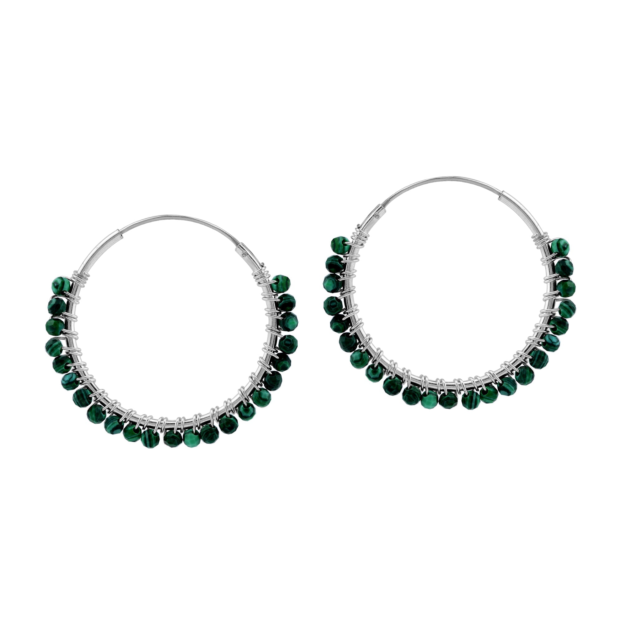 25MMx2MM Natural Green Malachite Gemstone Bead 925 Sterling Silver Boho 1 Inch Handmade O-Hoop Earrings Jewelry for Women - Silvershake-store
