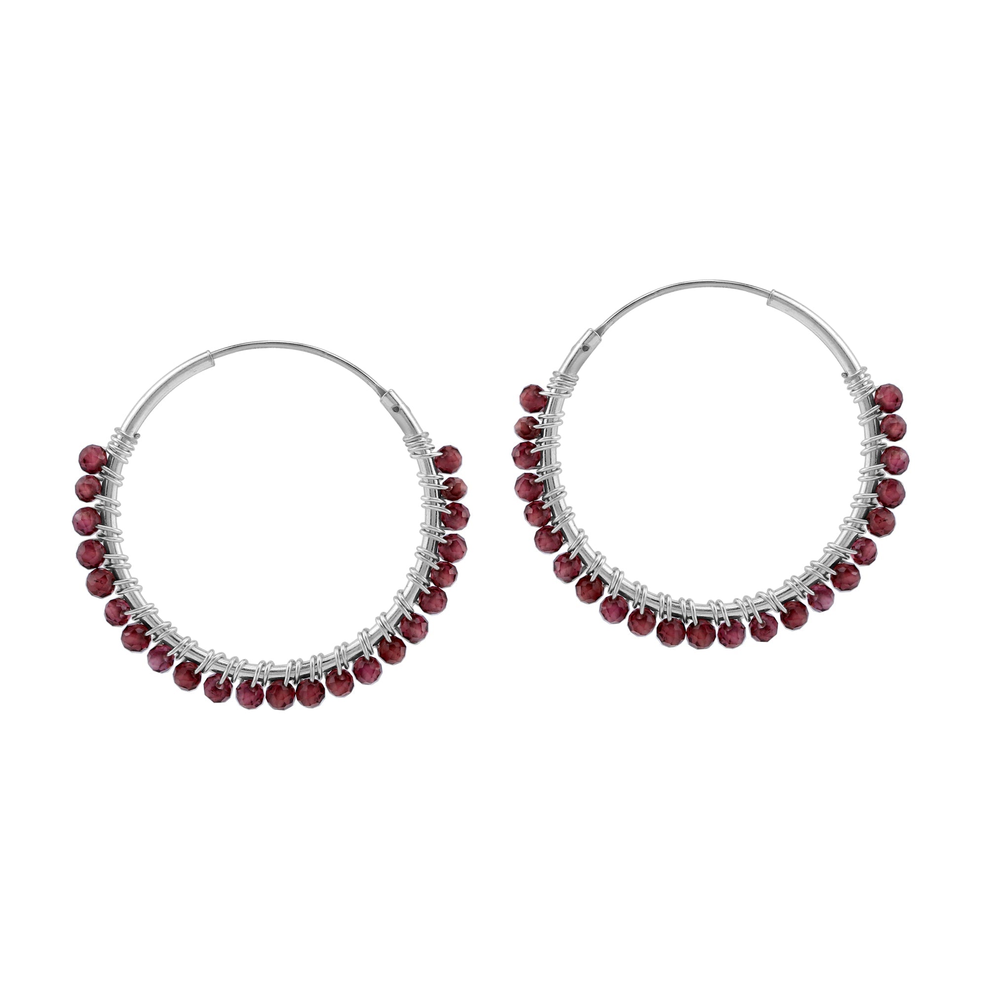 25MMx2MM Natural Rhodolite Garnet Gemstone Bead 925 Sterling Silver Boho 1 Inch Handmade O-Hoop Earrings Jewelry for Women - Silvershake-store