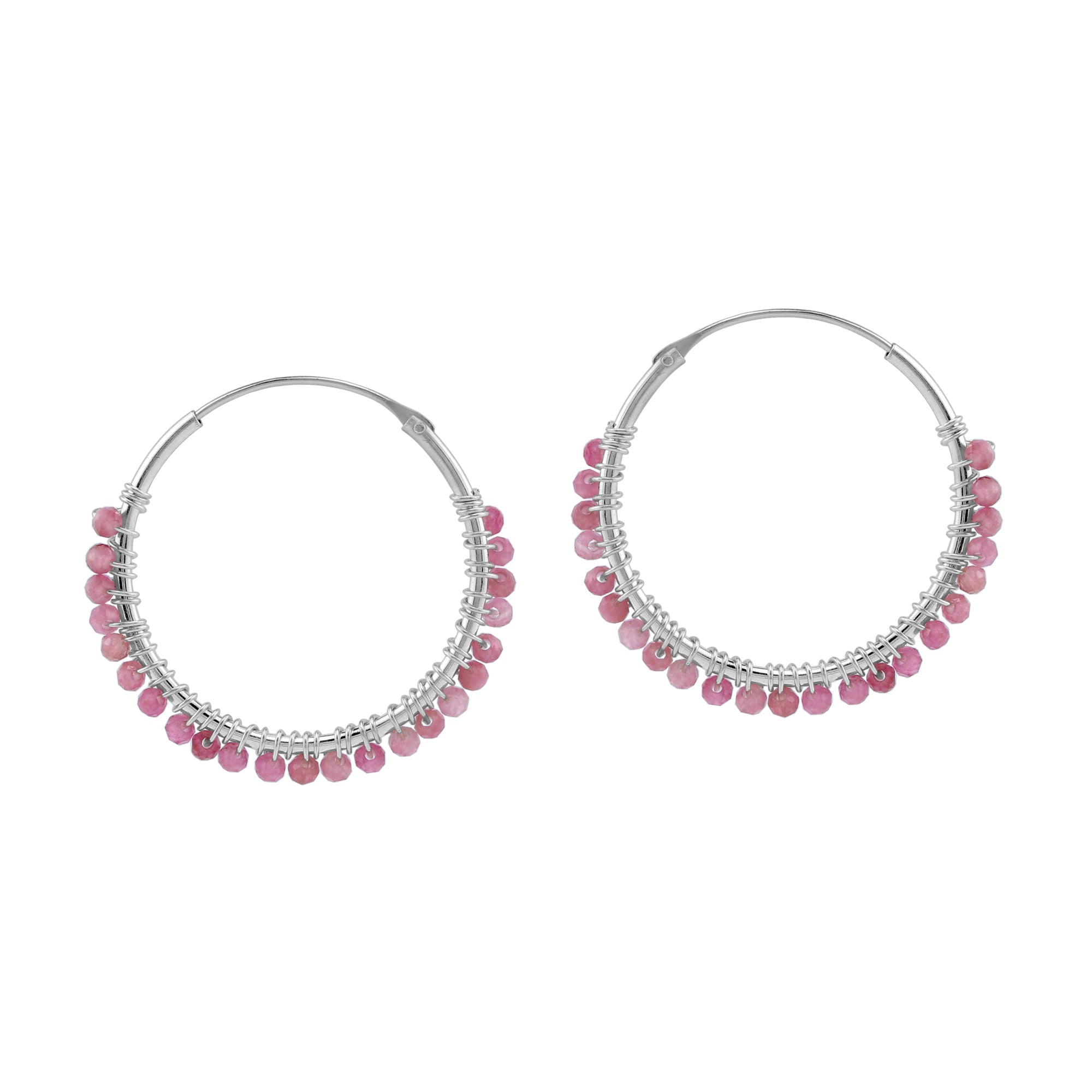 25MMx2MM Natural Pink Tourmaline Gemstone Bead 925 Sterling Silver Boho 1 Inch Handmade O-Hoop Earrings Jewelry for Women October Birthstone - Silvershake-store