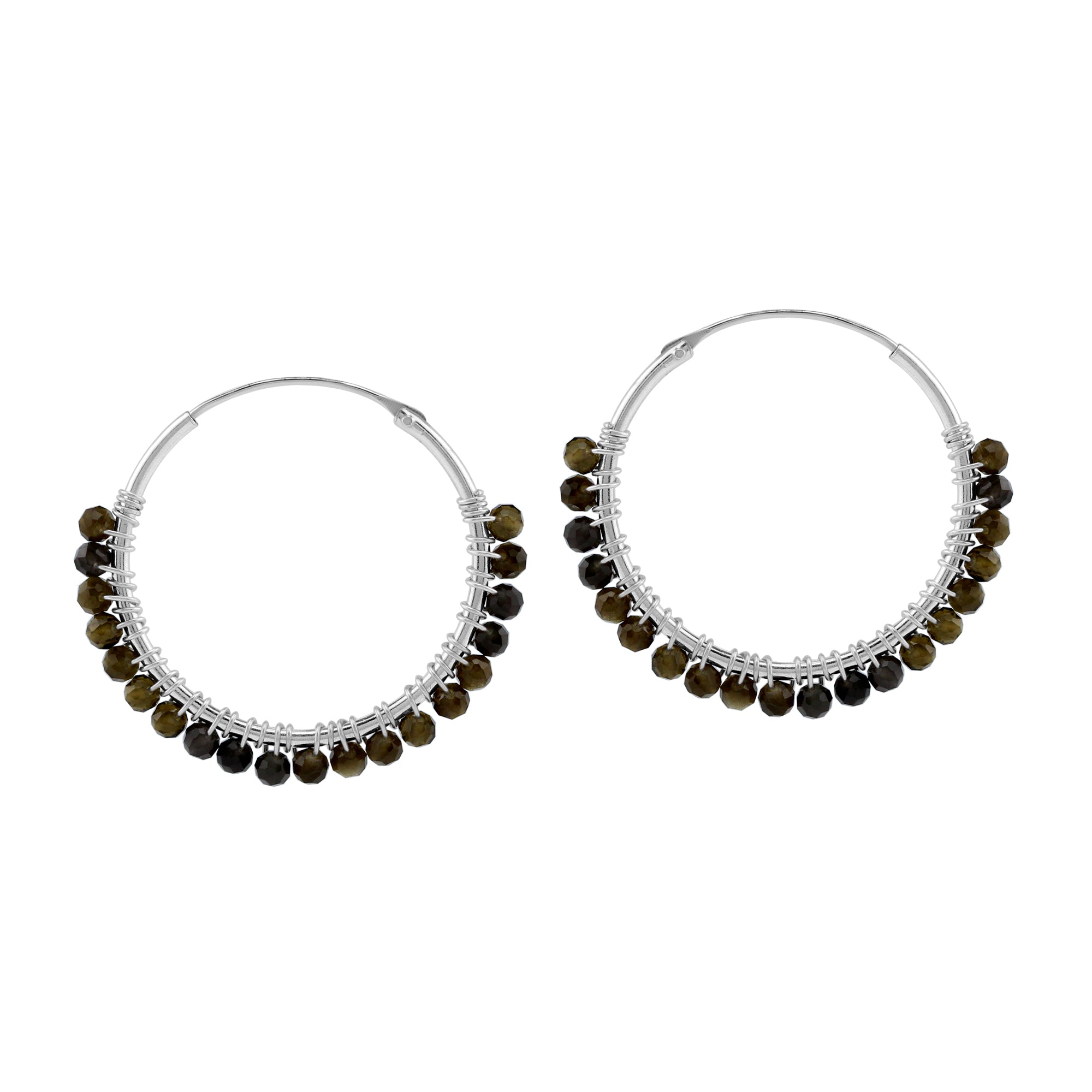 25MMx2MM Natural Golden Obsidian Gemstone Bead 925 Sterling Silver Boho 1 Inch Handmade O-Hoop Earrings Jewelry for Women - Silvershake-store