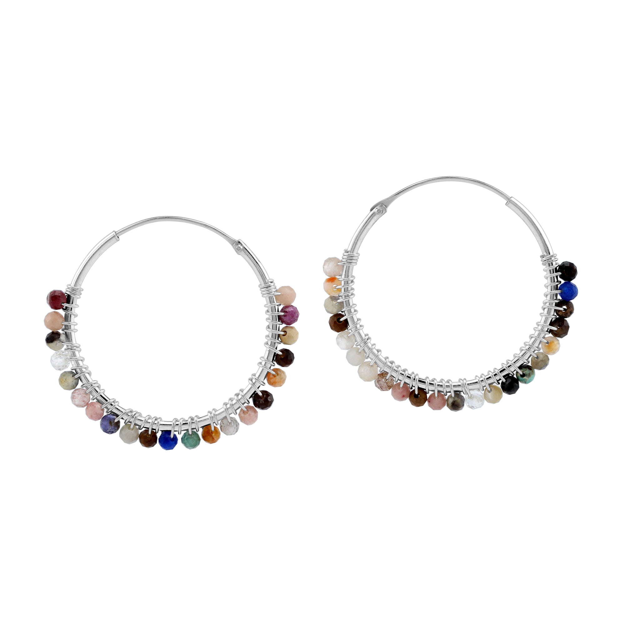 25MMx2MM Natural Multicolor Mix Gemstone Bead 925 Sterling Silver Boho 1 Inch Handmade O-Hoop Earrings Jewelry for Women - Silvershake-store