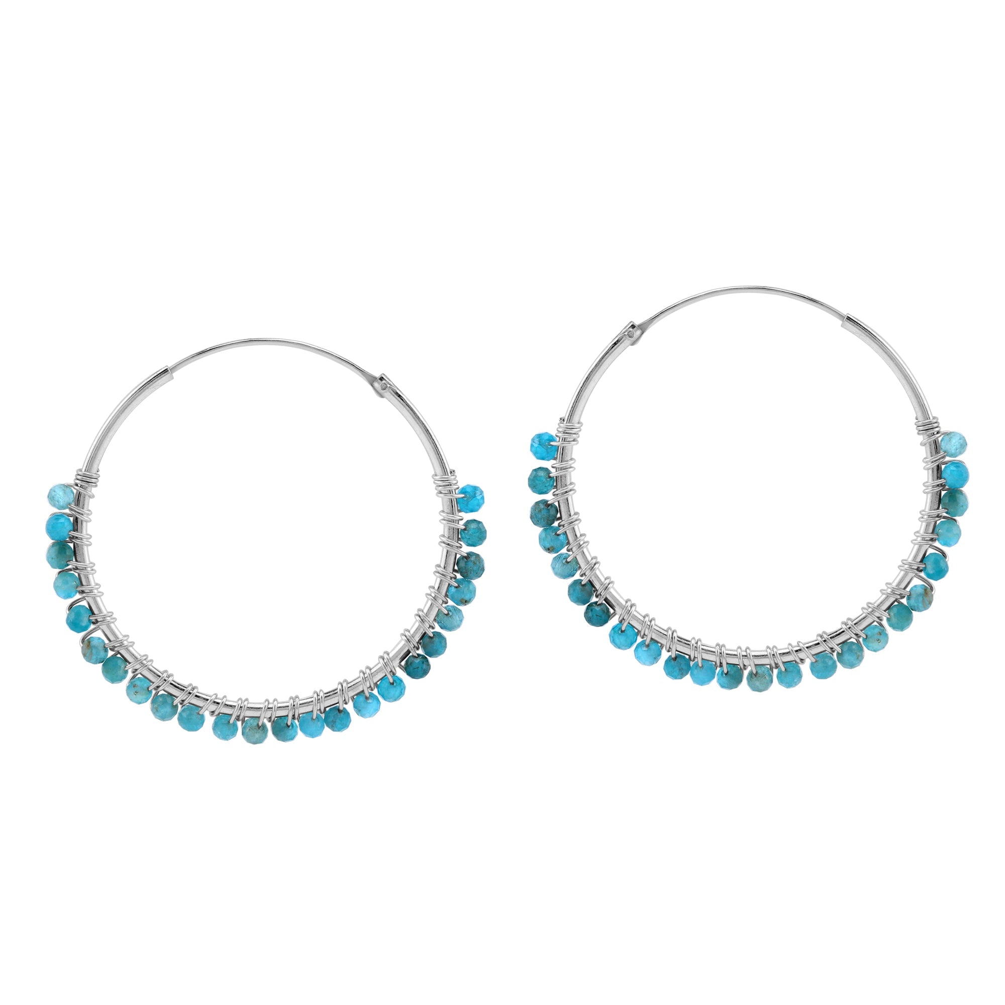 30MMx2MM Natural Blue Apatite Gemstone Bead 925 Sterling Silver Boho 1.18 Inch Handmade O-Hoop Earrings Jewelry for Women - Silvershake-store