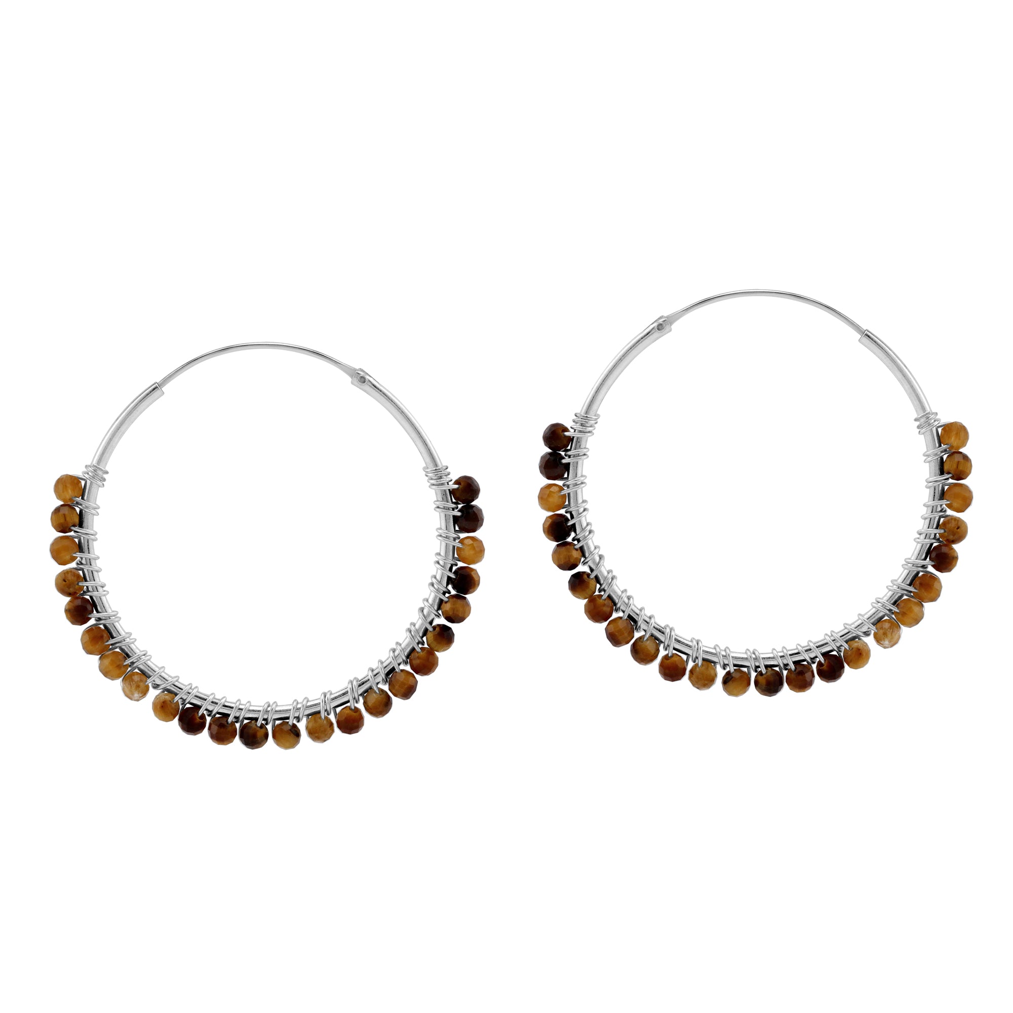 30MMx2MM Natural Brown Tigers Eye Gemstone Bead 925 Sterling Silver Boho 1.18 Inch Handmade O-Hoop Earrings Jewelry for Women - Silvershake-store