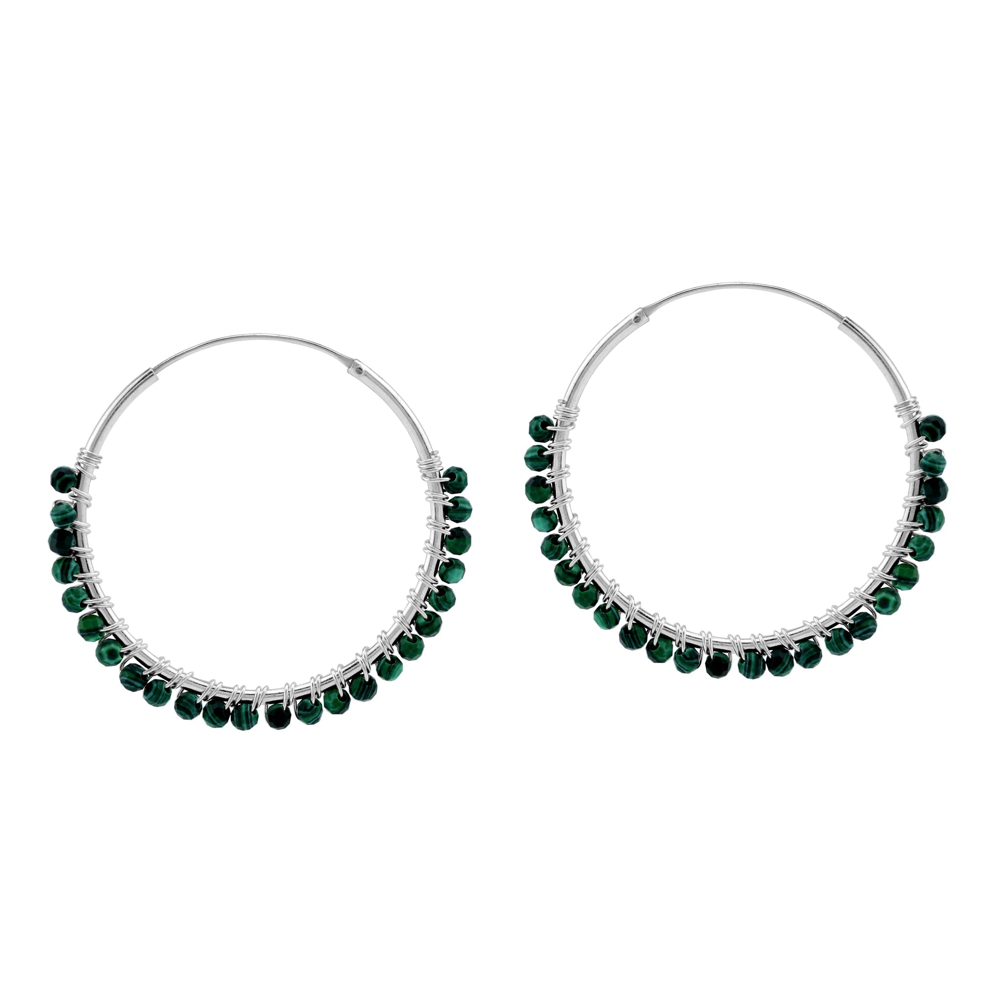 30MMx2MM Natural Green Malachite Gemstone Bead 925 Sterling Silver Boho 1.18 Inch Handmade O-Hoop Earrings Jewelry for Women - Silvershake-store