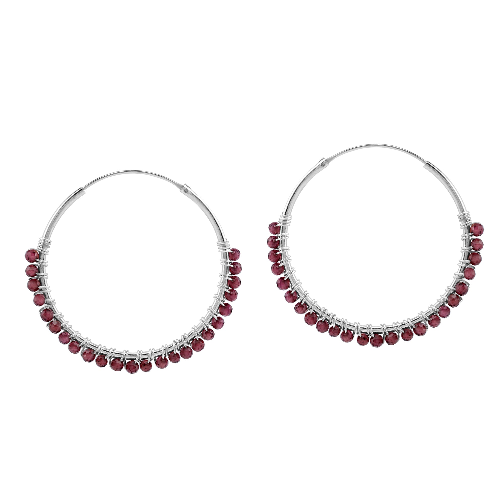 30MMx2MM Natural Rhodolite Garnet Gemstone Bead 925 Sterling Silver Boho 1.18 Inch Handmade O-Hoop Earrings Jewelry for Women - Silvershake-store