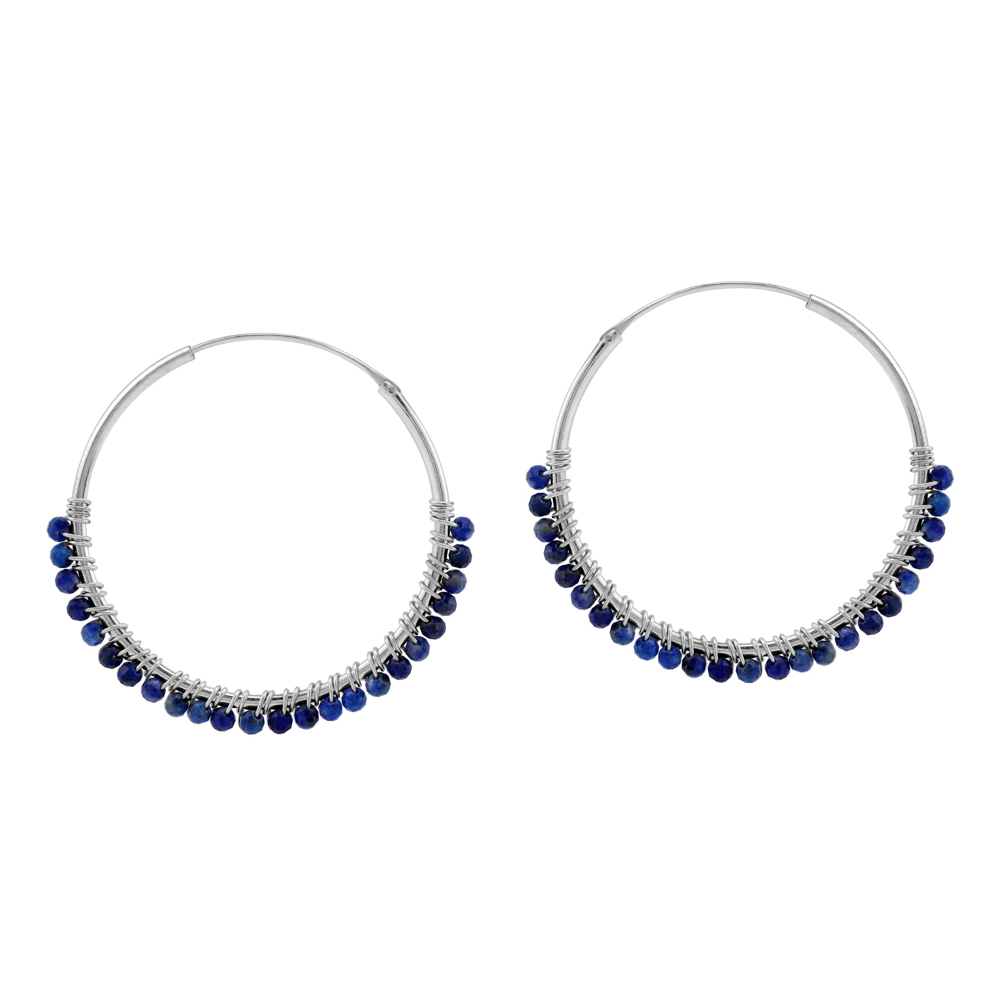30MMx2MM Natural Blue Lapis Lazuli Gemstone Bead 925 Sterling Silver Boho 1.18 Inch Handmade O-Hoop Earrings Jewelry for Women - Silvershake-store