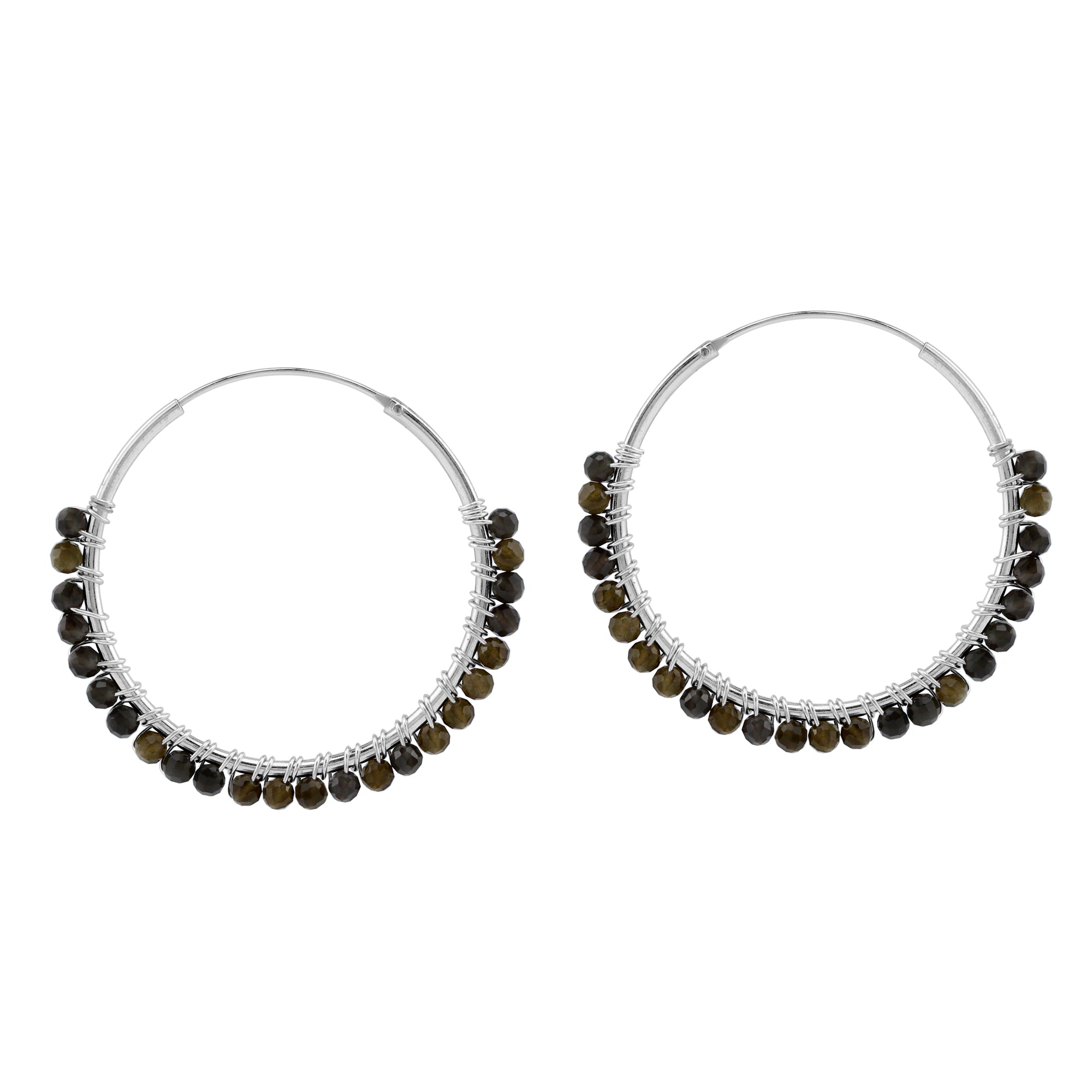 30MMx2MM Natural Golden Obsidian Gemstone Bead 925 Sterling Silver Boho 1.18 Inch Handmade O-Hoop Earrings Jewelry for Women - Silvershake-store