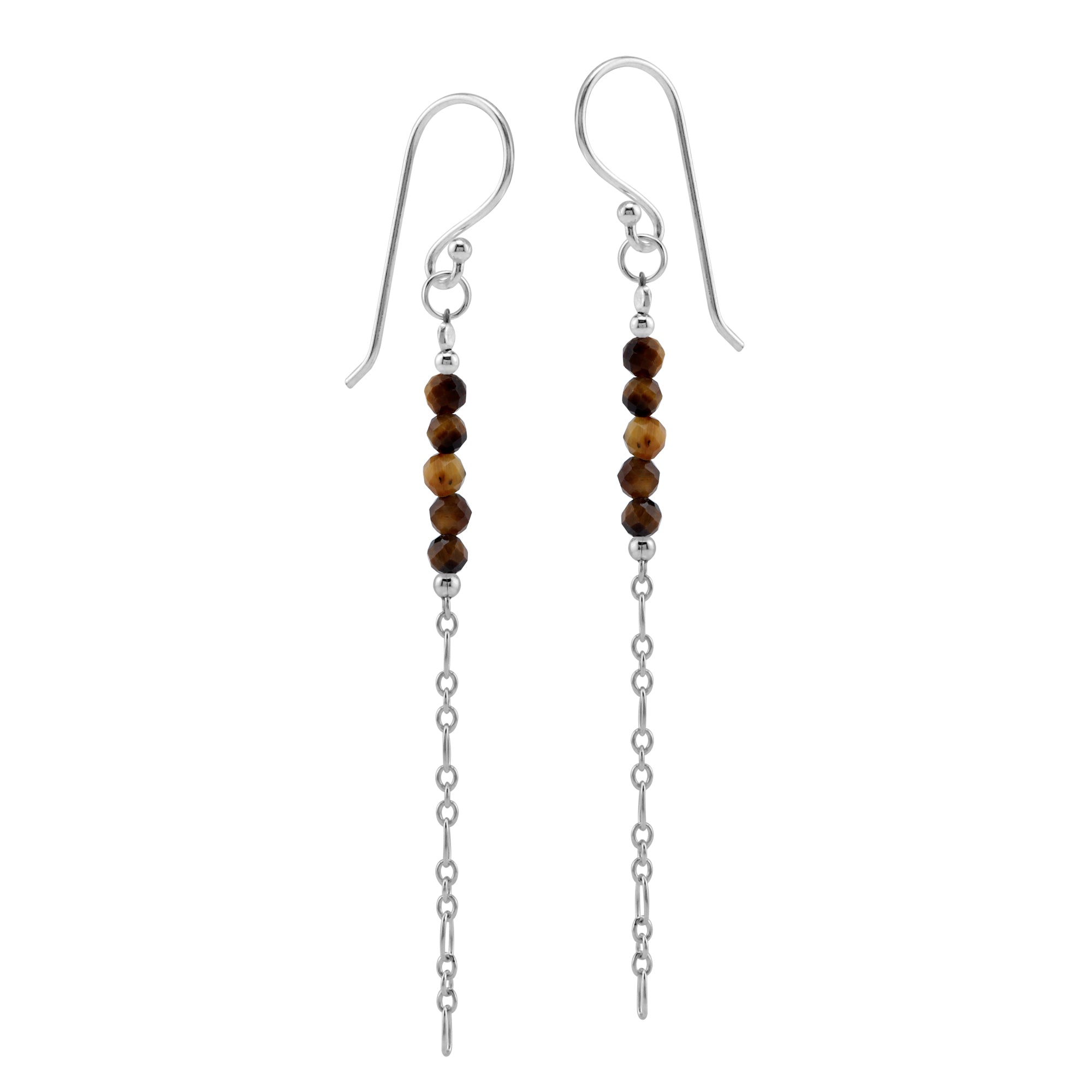 5-Stone 3MM Natural Brown Tigers Eye Gemstone Bead 925 Sterling Silver Bohemian Inspired Minimalist Dangle Hook Earrings Jewelry for Women - Silvershake-store