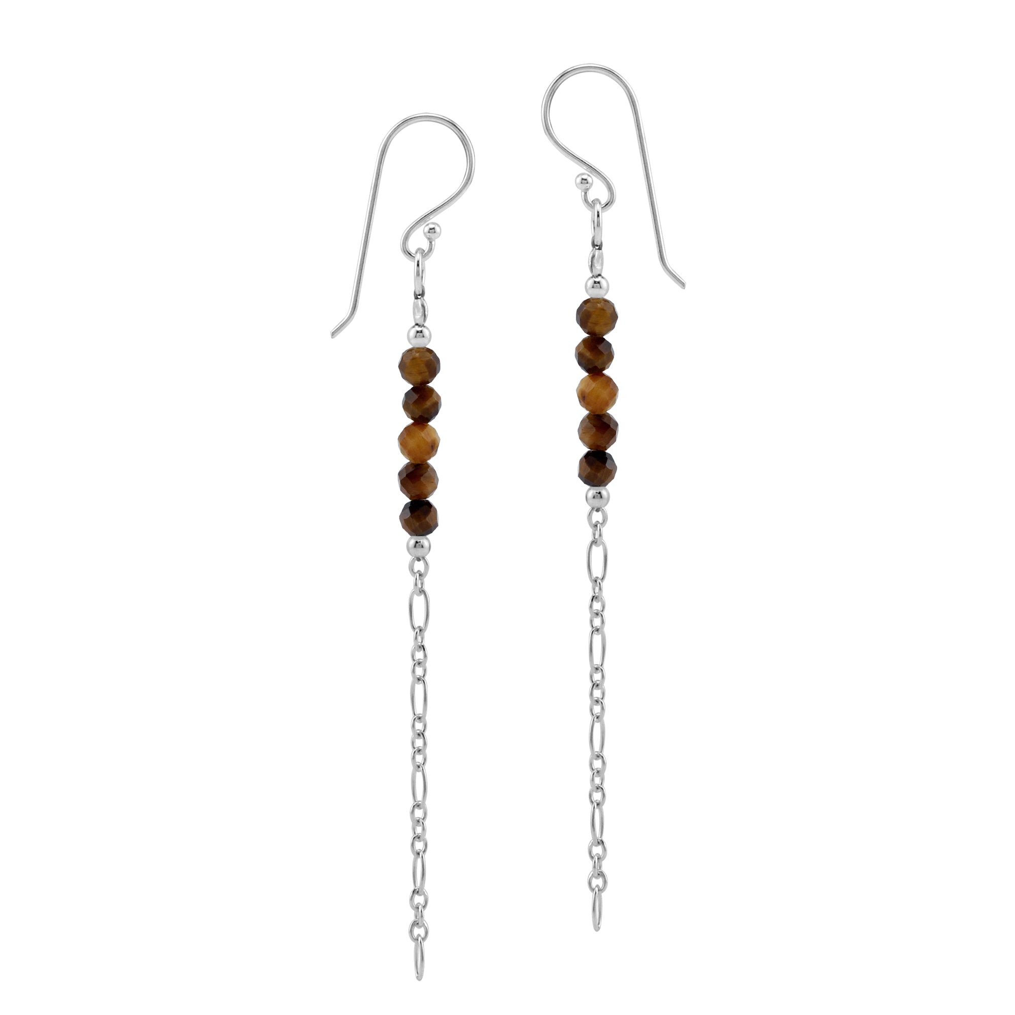 5-Stone 3MM Natural Brown Tigers Eye Gemstone Bead 925 Sterling Silver Bohemian Inspired Minimalist Dangle Hook Earrings Jewelry for Women - Silvershake-store