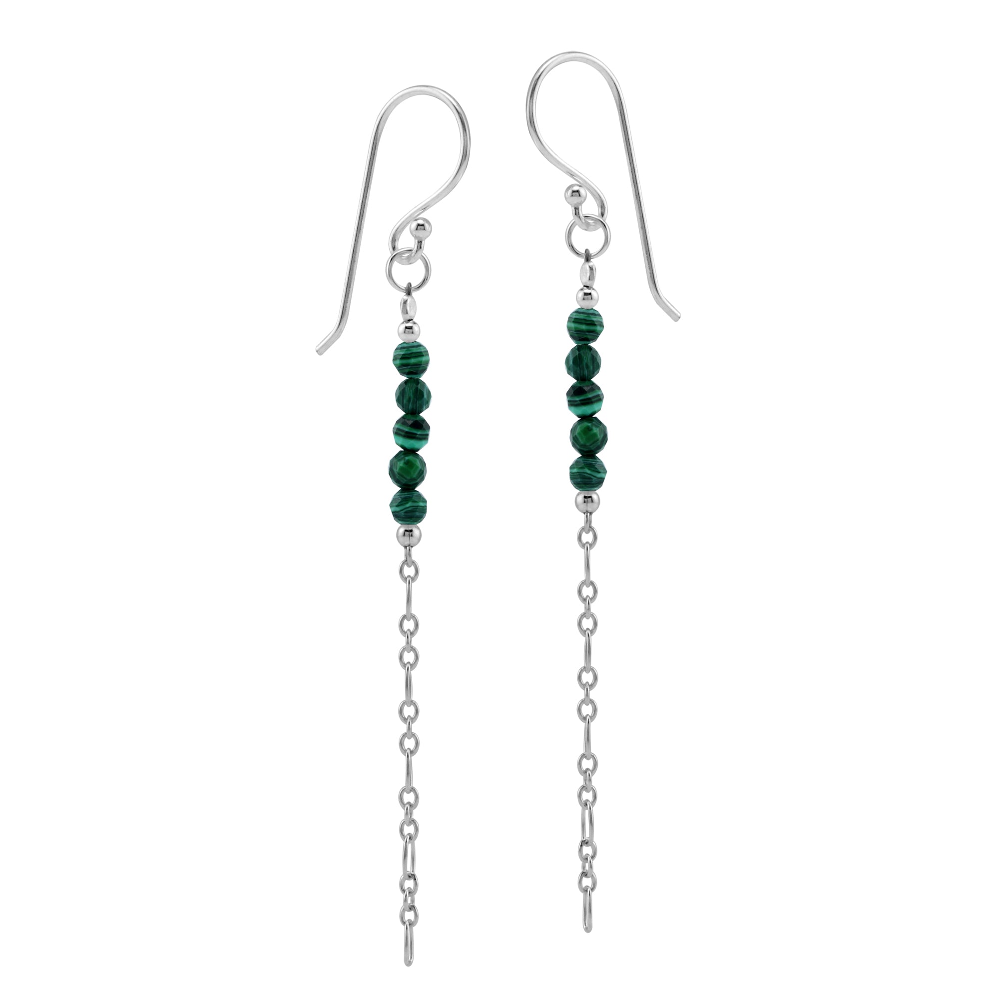 5-Stone 3MM Natural Green Malachite Gemstone Bead 925 Sterling Silver Bohemian Inspired Minimalist Dangle Hook Earrings Jewelry for Women - Silvershake-store