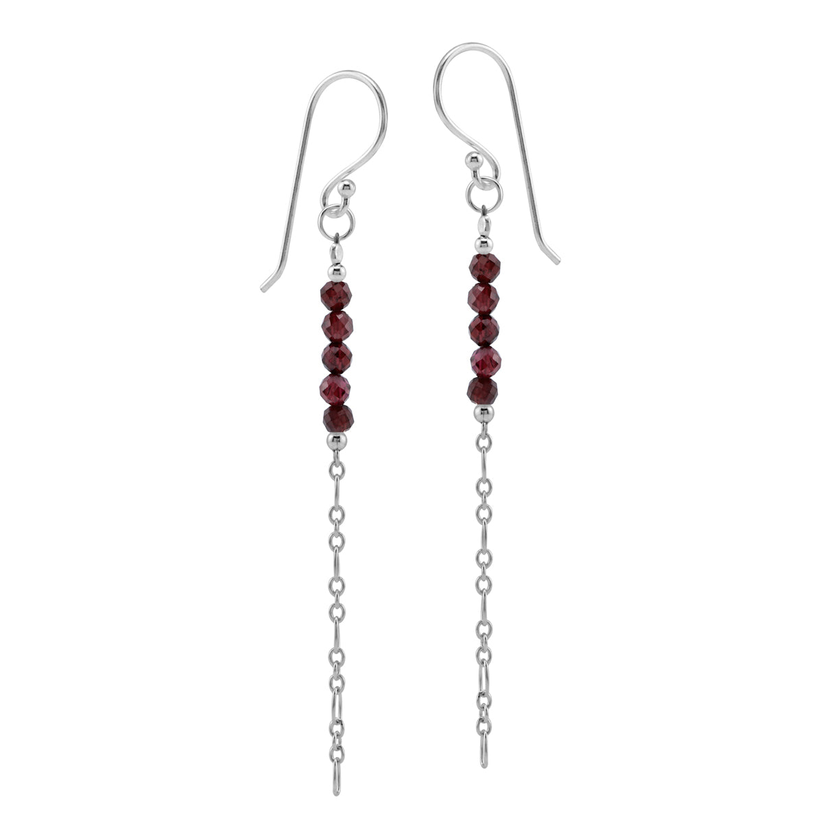 5-Stone 3MM Natural Rhodolite Garnet Gemstone Bead 925 Sterling Silver Bohemian Inspired Minimalist Dangle Hook Earrings