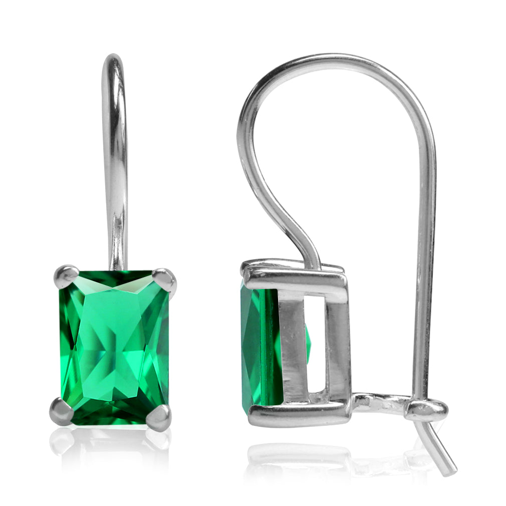 7X5mm Created Octagon Shape Nano Green Emerald 925 Sterling Silver Hook Closure Earrings May Gemstone Birthstone - Silvershake-store