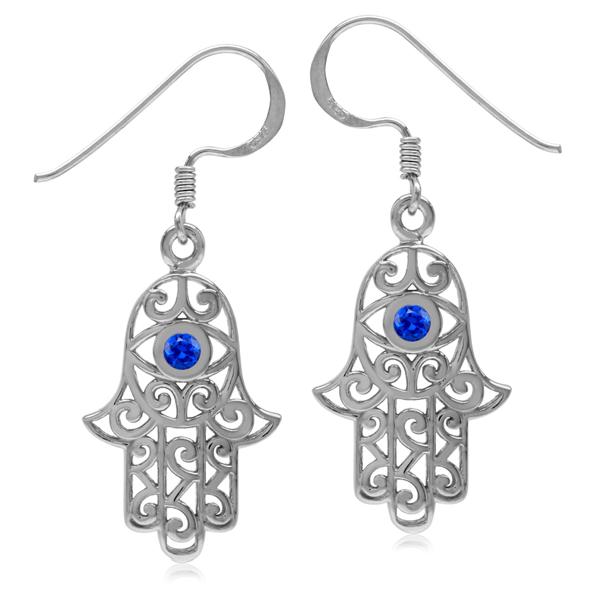 Created Blue Sapphire 925 Sterling Silver Evil Eye On Hamsa Hand Dangle Hook Earrings September Gemstone Birthstone - Silvershake-store