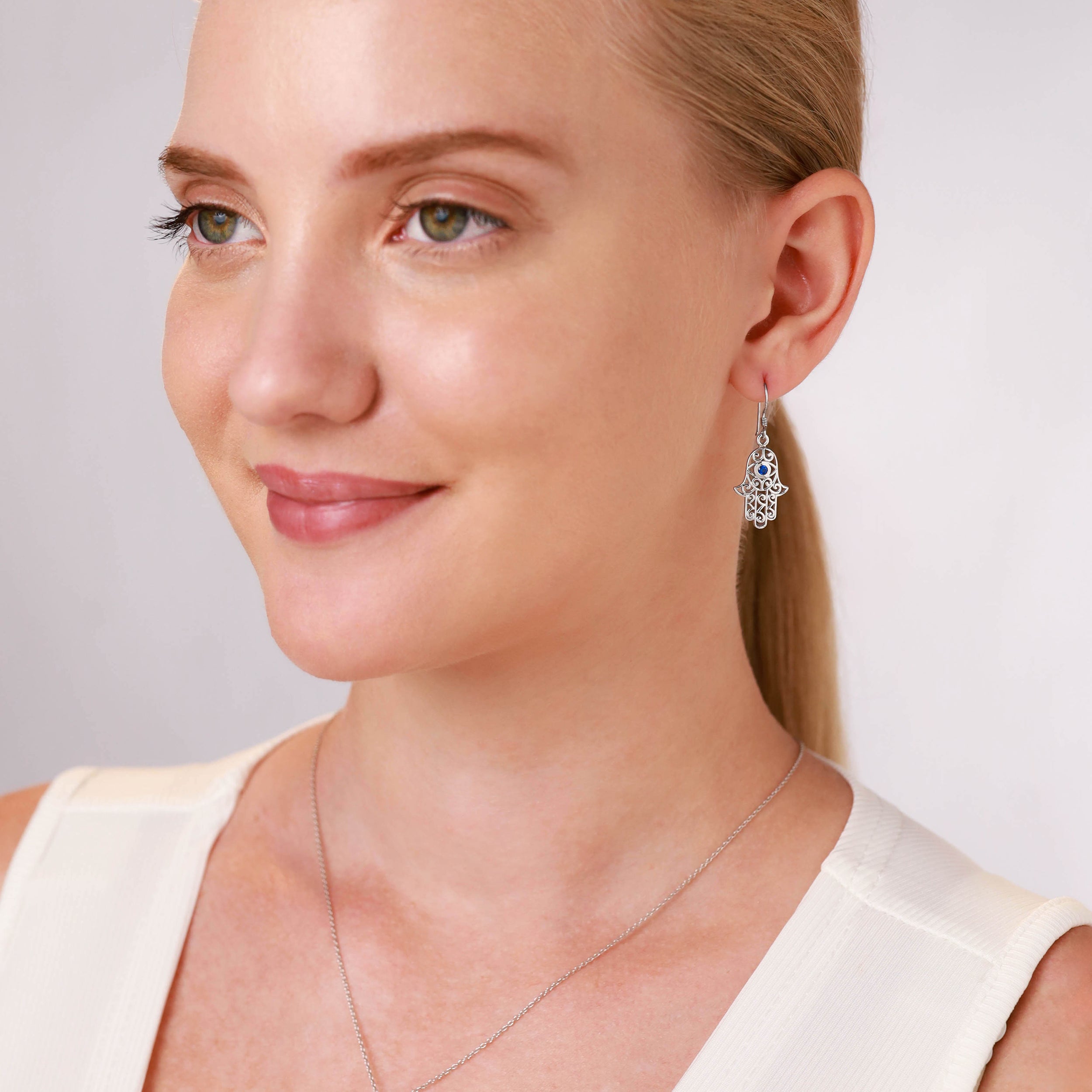 Created Blue Sapphire 925 Sterling Silver Evil Eye On Hamsa Hand Dangle Hook Earrings September Gemstone Birthstone - Silvershake-store