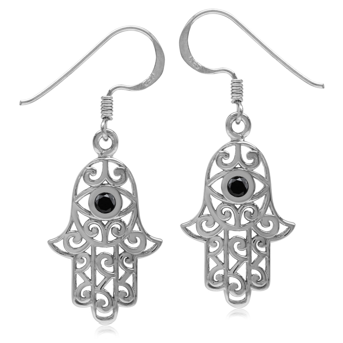 Natural Black Onyx 925 Sterling Silver Evil Eye On Hamsa Hand Dangle Hook Gemstone Earrings - Silvershake-store