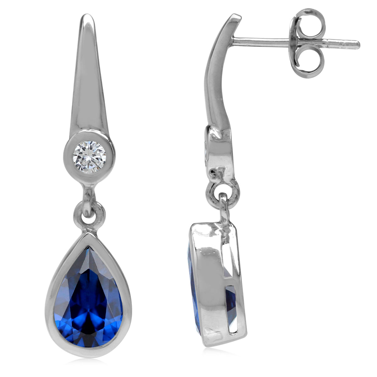 9X6mm Created Pear Shape Blue Sapphire White Gold Plated 925 Sterling Silver Business Attire Drop Dangle Post Earrings September Gemstone Birthstone - Silvershake-store