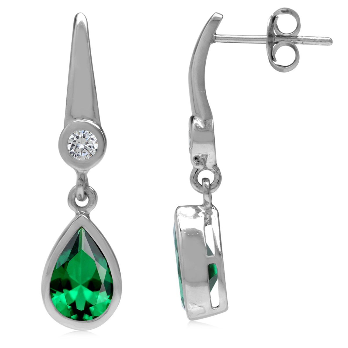 9X6mm Created Pear Shape Nano Green Emerald White Gold Plated 925 Sterling Silver Business Attire Drop Dangle Post Earrings May Gemstone Birthstone - Silvershake-store