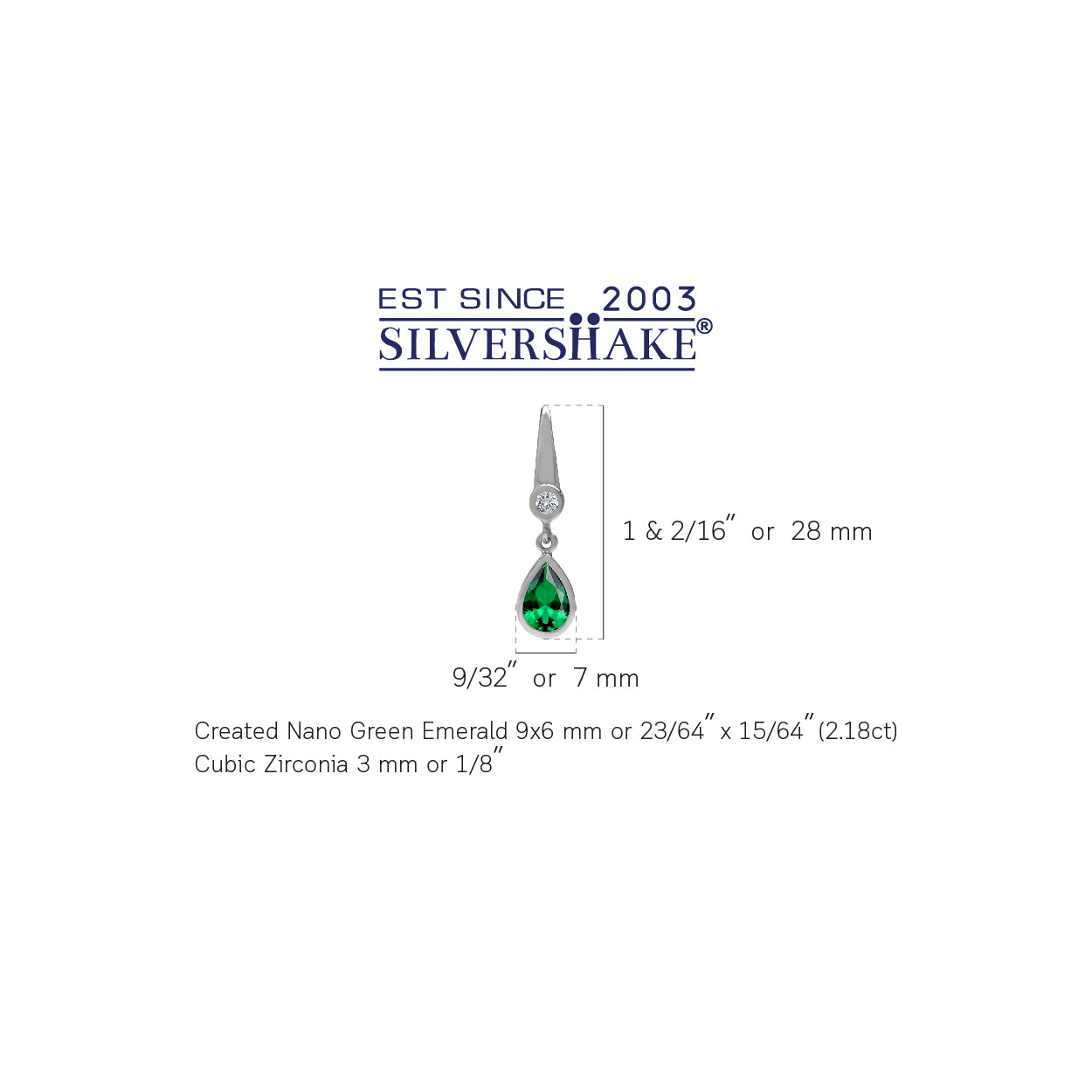 9X6mm Created Pear Shape Nano Green Emerald White Gold Plated 925 Sterling Silver Business Attire Drop Dangle Post Earrings May Gemstone Birthstone - Silvershake-store