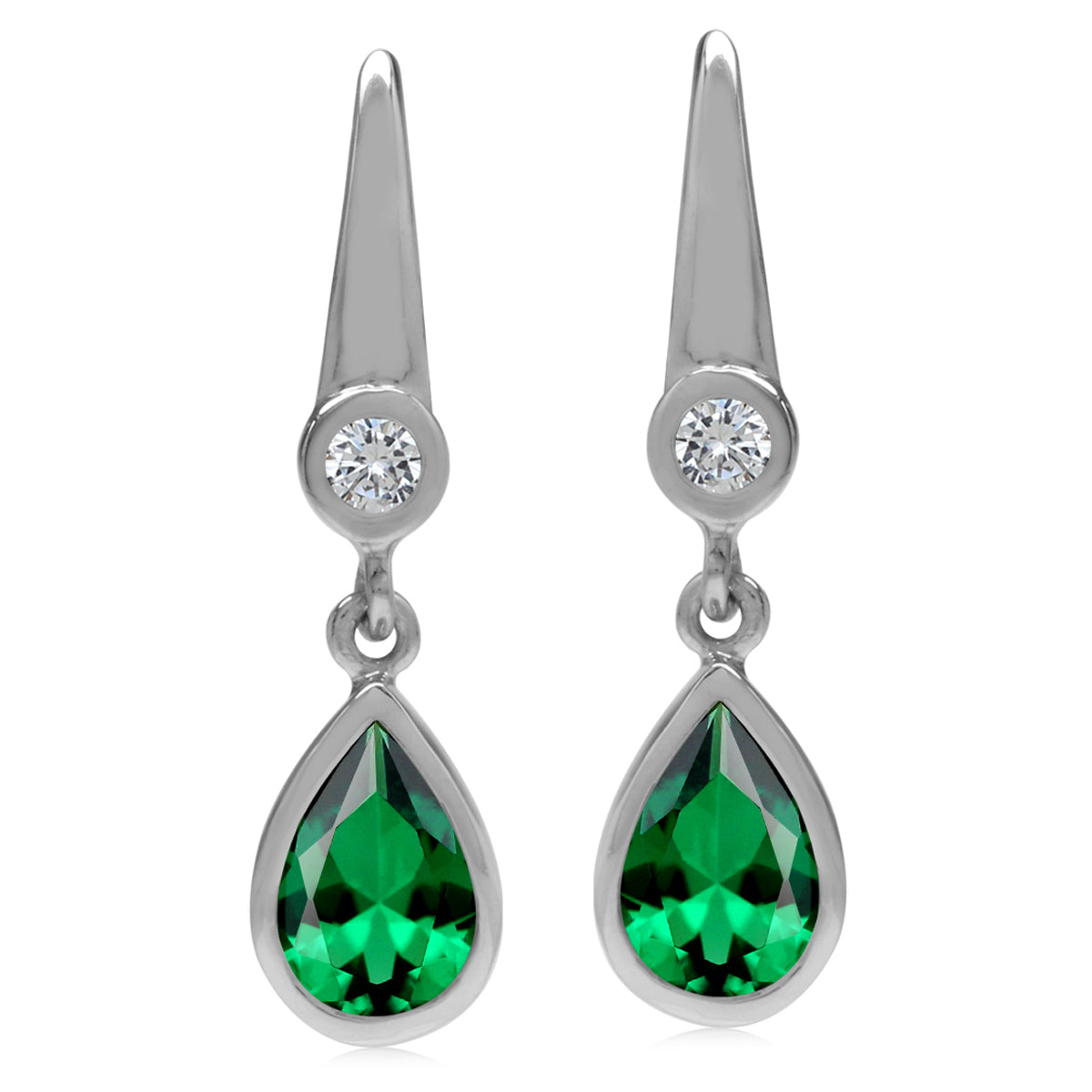 9X6mm Created Pear Shape Nano Green Emerald White Gold Plated 925 Sterling Silver Business Attire Drop Dangle Post Earrings May Gemstone Birthstone - Silvershake-store