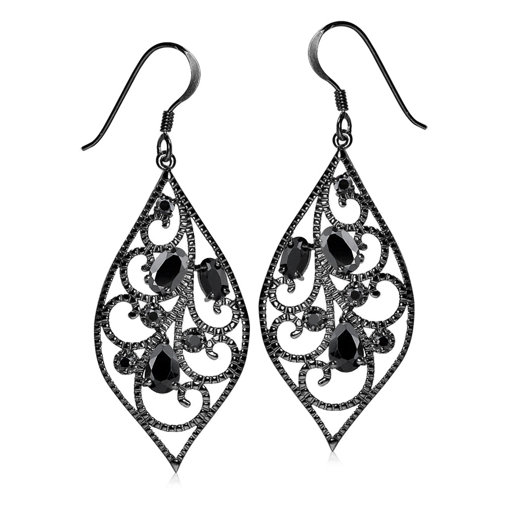 3.18 CTW Natural Onyx Black Rhodium Plated 925 Sterling Silver Scroll / Filigree Victorian Style Drop Dangle Hook Gemstone Earrings Jewelry for Women - Silvershake-store