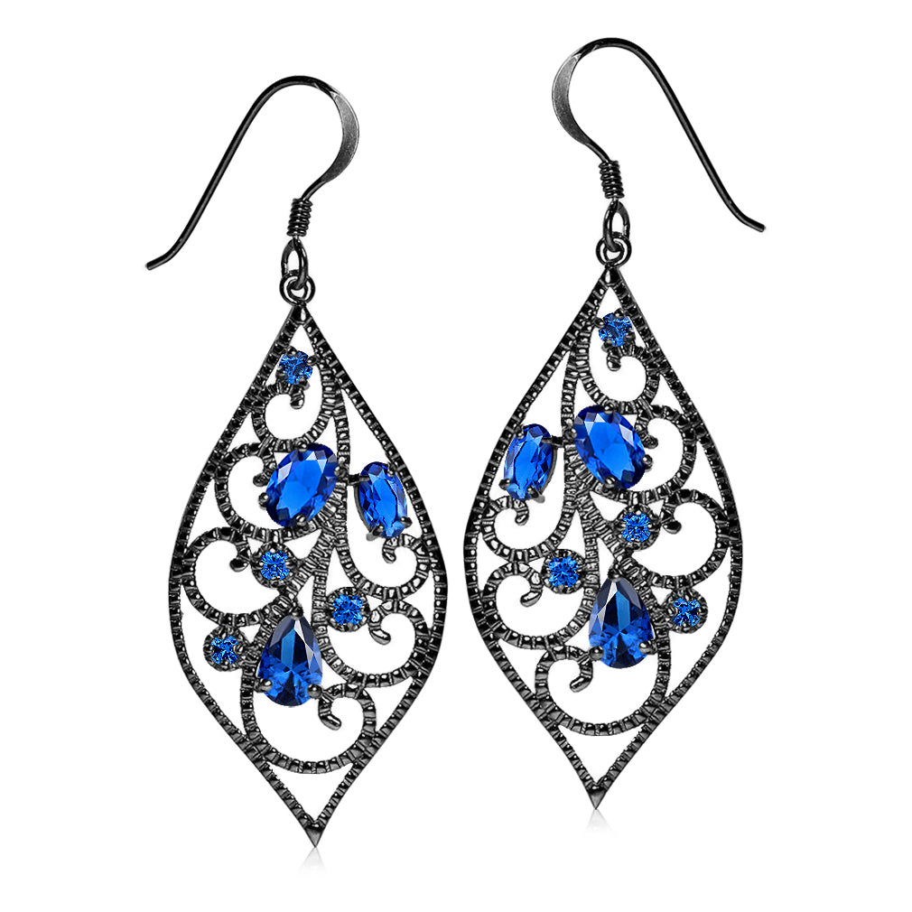 Created Blue Sapphire Black Rhodium Plated 925 Sterling Silver Scroll / Filigree Victorian Style Drop Dangle Hook Earrings September Gemstone Birthstone - Silvershake-store