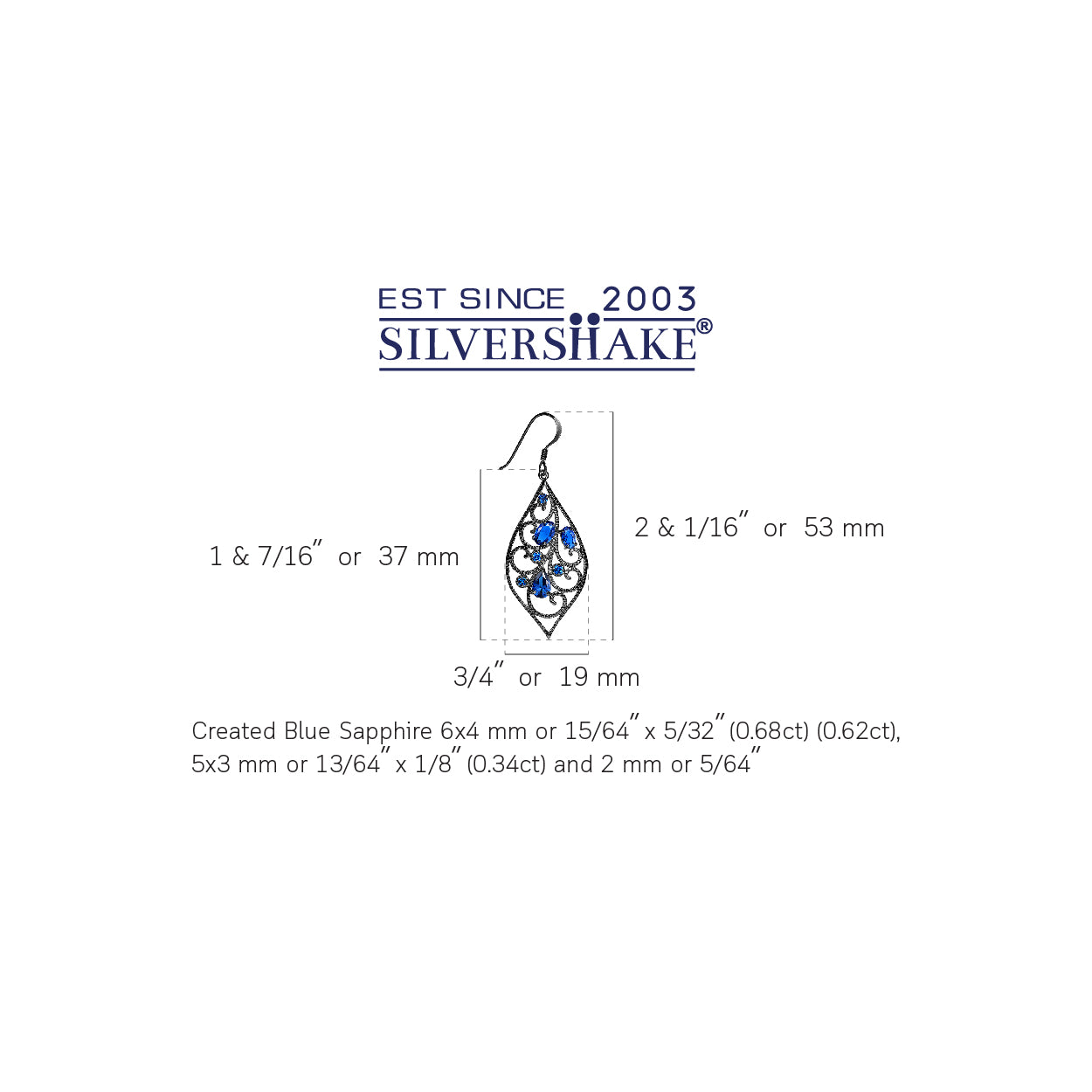 Created Blue Sapphire Black Rhodium Plated 925 Sterling Silver Scroll / Filigree Victorian Style Drop Dangle Hook Earrings September Gemstone Birthstone - Silvershake-store