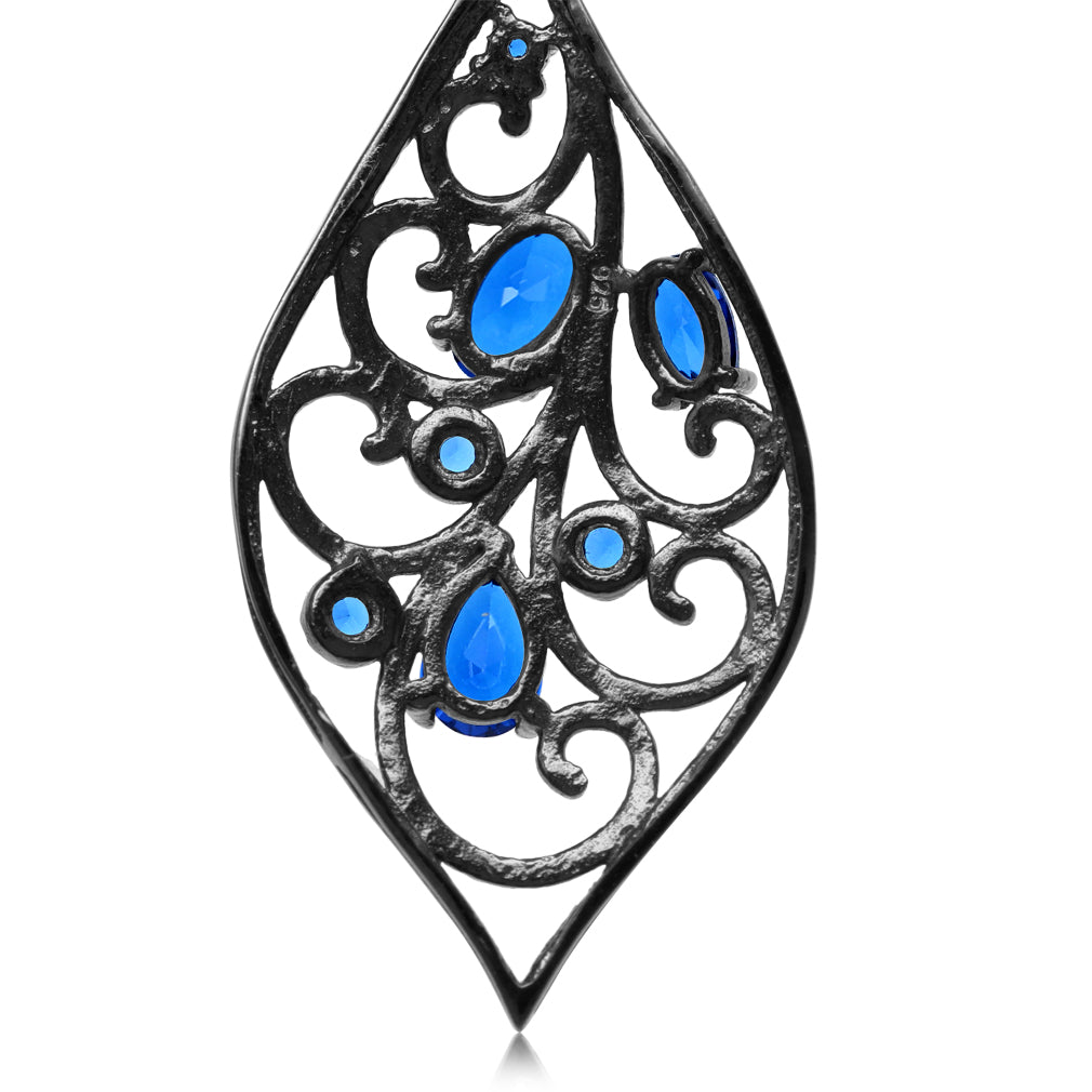 Created Blue Sapphire Black Rhodium Plated 925 Sterling Silver Scroll / Filigree Victorian Style Drop Dangle Hook Earrings September Gemstone Birthstone - Silvershake-store