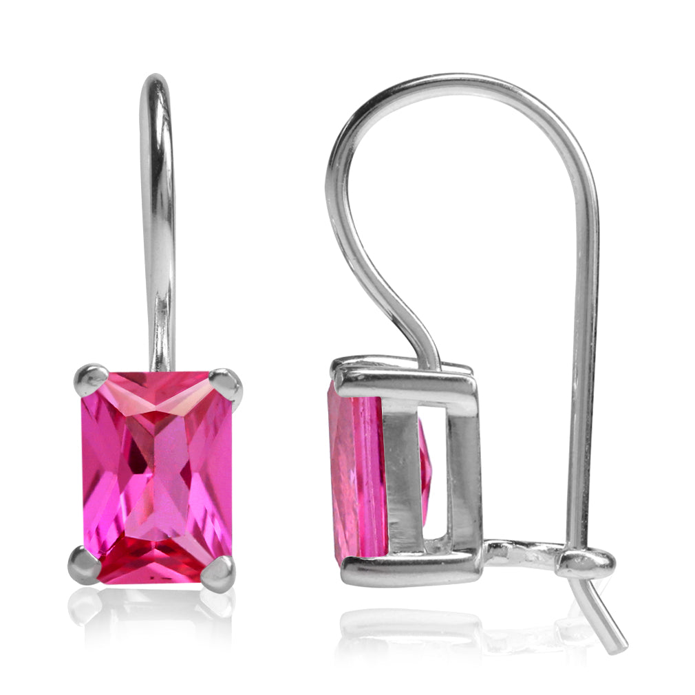 7X5mm Created Octagon Shape Pink Tourmaline 925 Sterling Silver Hook Closure Earrings October Gemstone Birthstone - Silvershake-store