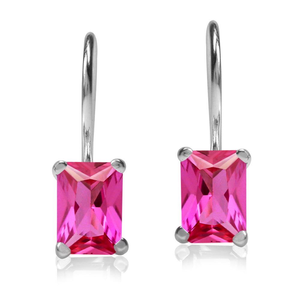 7X5mm Created Octagon Shape Pink Tourmaline 925 Sterling Silver Hook Closure Earrings October Gemstone Birthstone - Silvershake-store
