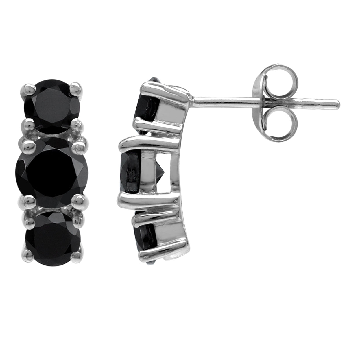 2.26 CTW 3-Stone Natural Round Shape Black Onyx White Gold Plated 925 Sterling Silver Stud Post Gemstone Earrings Jewelry for Women - Silvershake-store