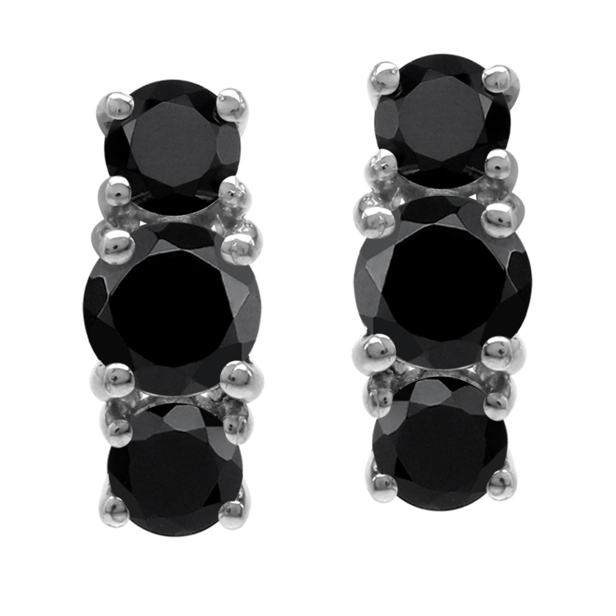 2.26 CTW 3-Stone Natural Round Shape Black Onyx White Gold Plated 925 Sterling Silver Stud Post Gemstone Earrings Jewelry for Women - Silvershake-store