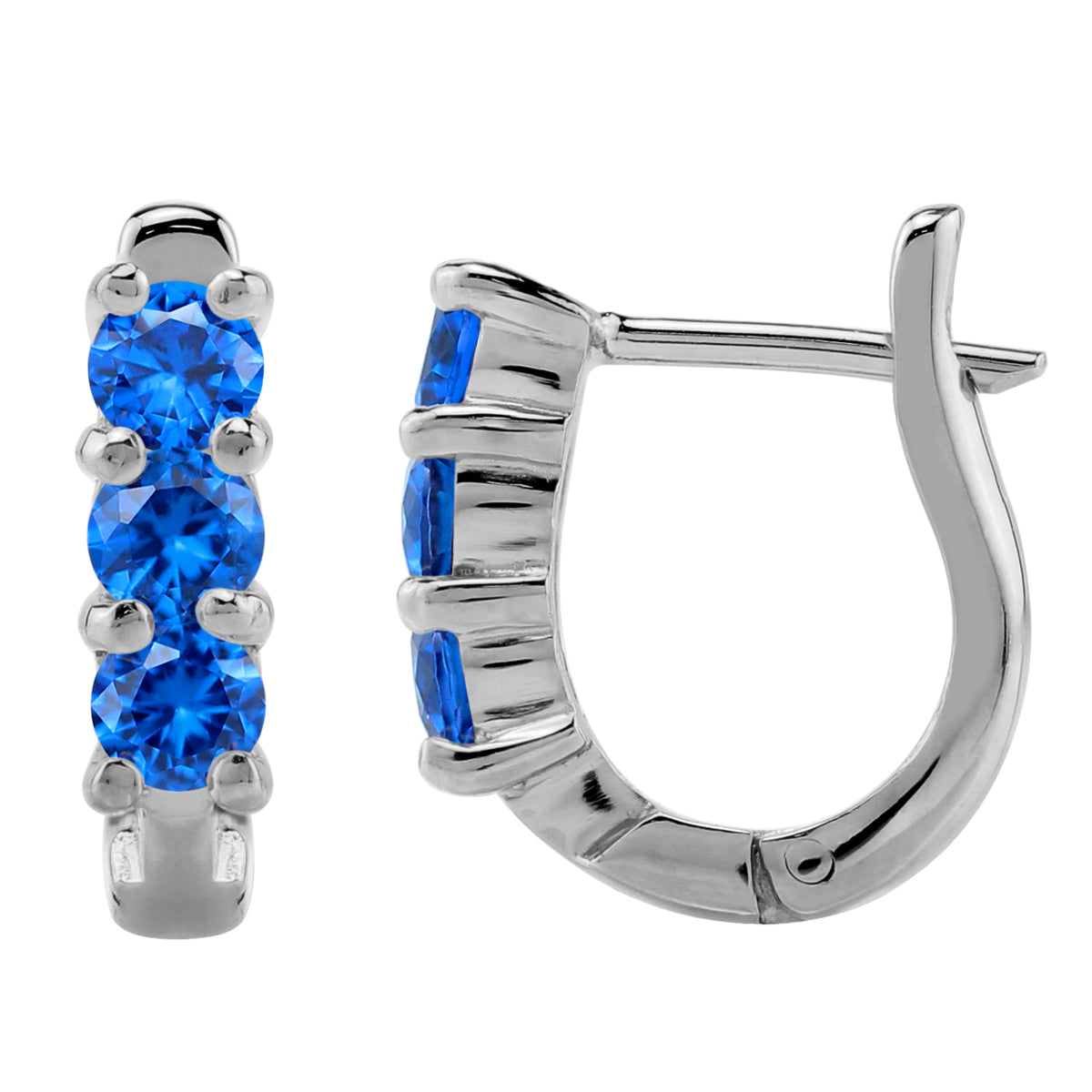 3-Stone 3MM Created Round Shape Blue Sapphire White Gold Plated 925 Sterling Silver English Huggie Hoop Earrings September Gemstone Birthstone - Silvershake-store