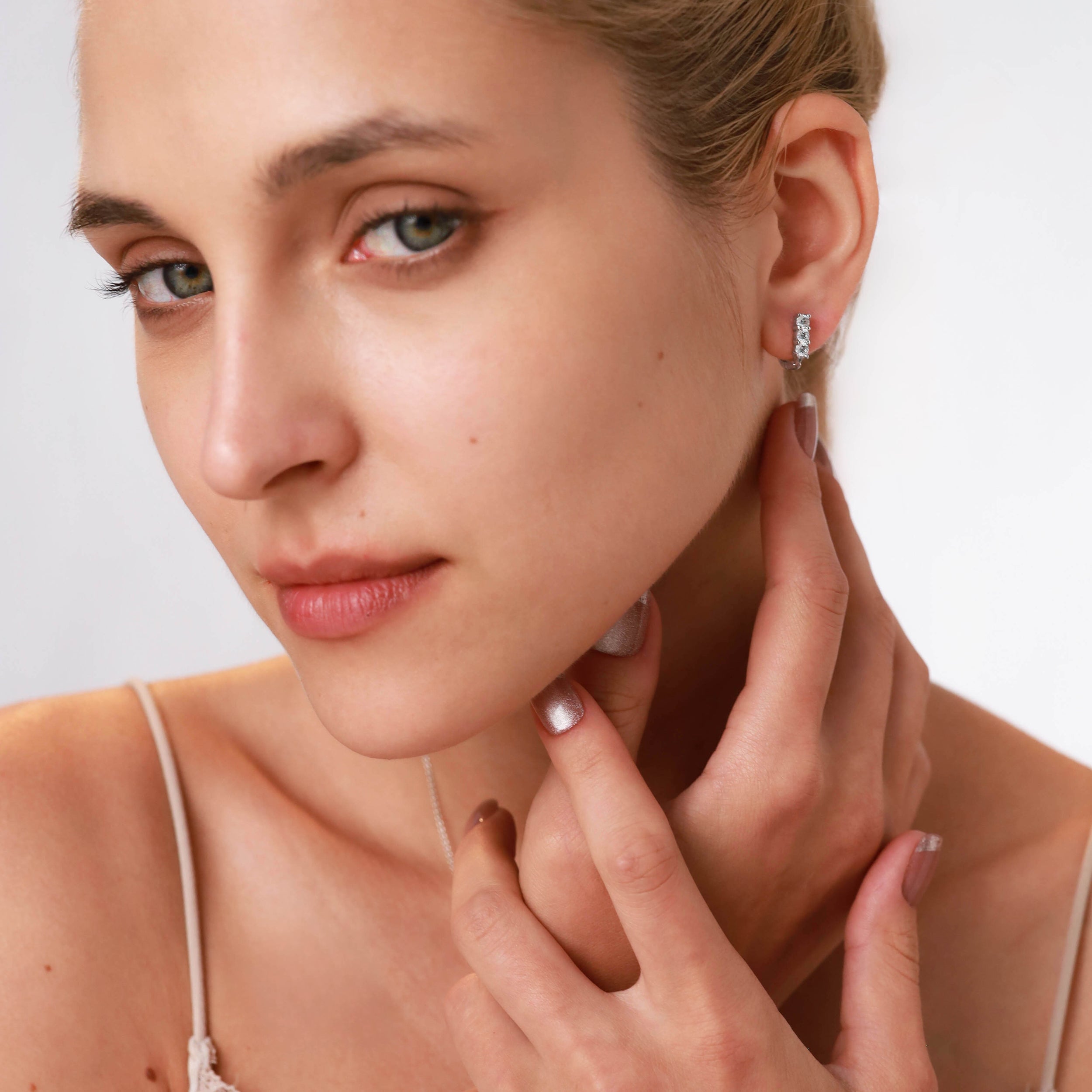 3-Stone 3MM Created Round Shape Blue Sapphire White Gold Plated 925 Sterling Silver English Huggie Hoop Earrings September Gemstone Birthstone - Silvershake-store