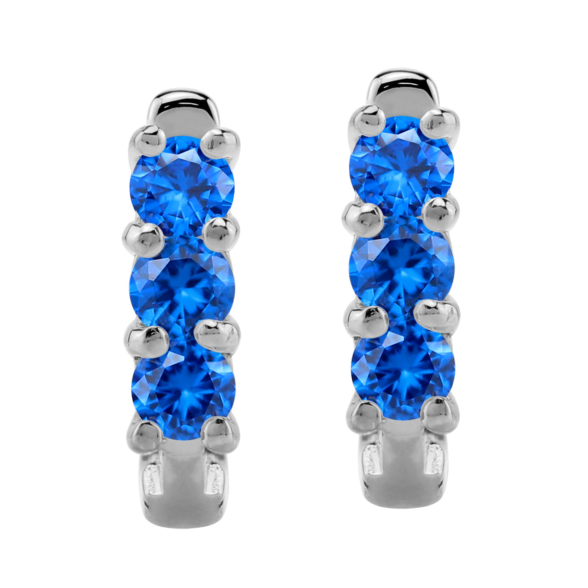 3-Stone 3MM Created Round Shape Blue Sapphire White Gold Plated 925 Sterling Silver English Huggie Hoop Earrings September Gemstone Birthstone - Silvershake-store