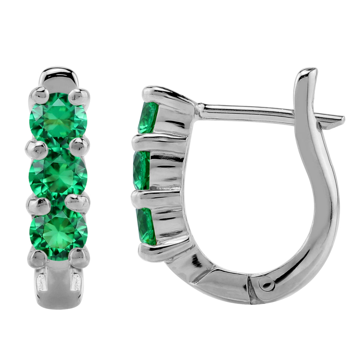 3-Stone 3MM Created Round Shape Nano Green Emerald White Gold Plated 925 Sterling Silver English Huggie Hoop Earrings May Gemstone Birthstone - Silvershake-store