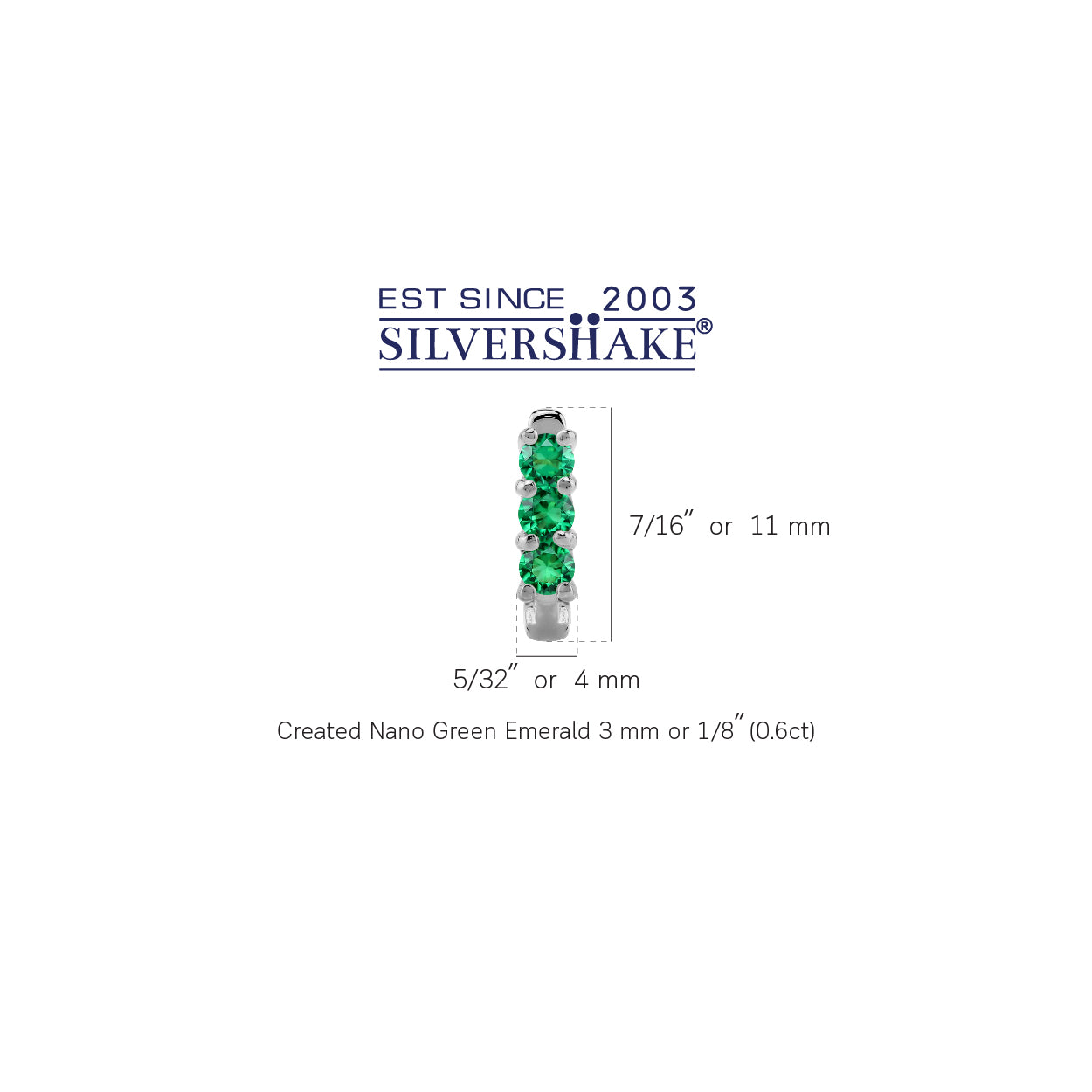 3-Stone 3MM Created Round Shape Nano Green Emerald White Gold Plated 925 Sterling Silver English Huggie Hoop Earrings May Gemstone Birthstone - Silvershake-store