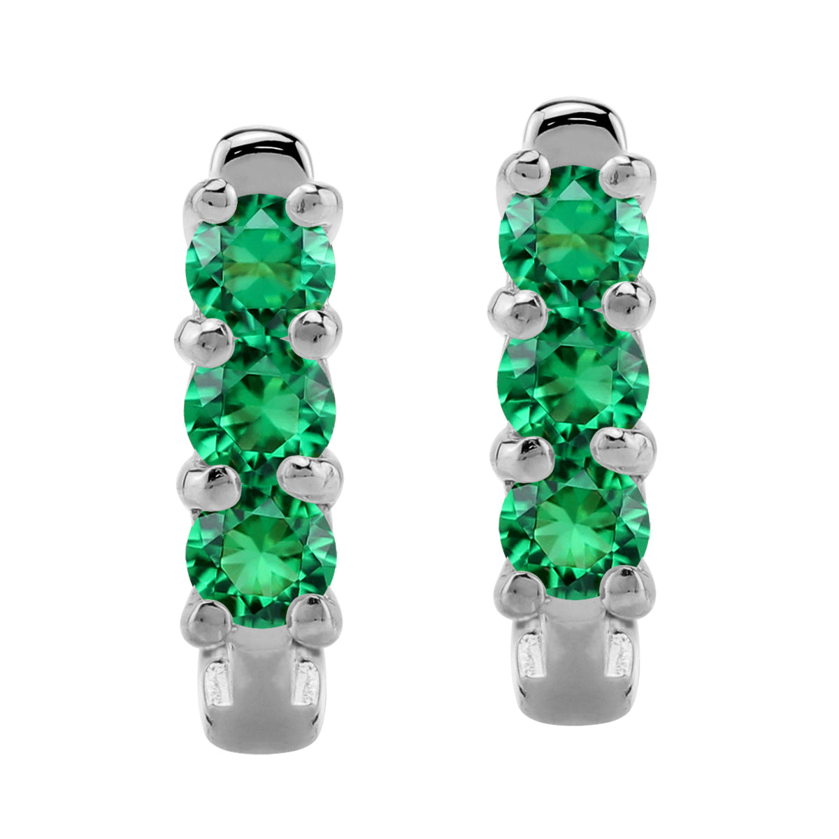 3-Stone 3MM Created Round Shape Nano Green Emerald White Gold Plated 925 Sterling Silver English Huggie Hoop Earrings May Gemstone Birthstone - Silvershake-store