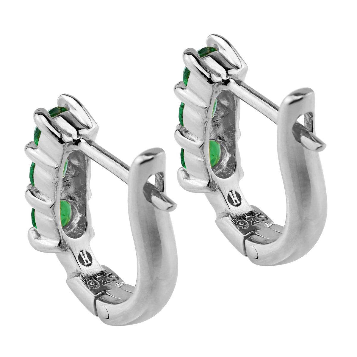 3-Stone 3MM Created Round Shape Nano Green Emerald White Gold Plated 925 Sterling Silver English Huggie Hoop Earrings May Gemstone Birthstone - Silvershake-store