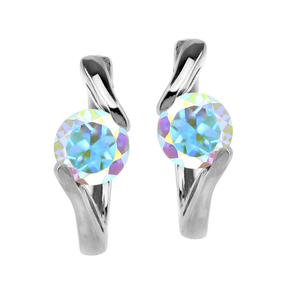 1.18 CTW 5MM Genuine Round Shape Mercury Mist Aurora Borealis (AB) Topaz White Gold Plated 925 Sterling Silver 0.6 Inch Huggie O Hoop Gemstone Earrings - Silvershake-store